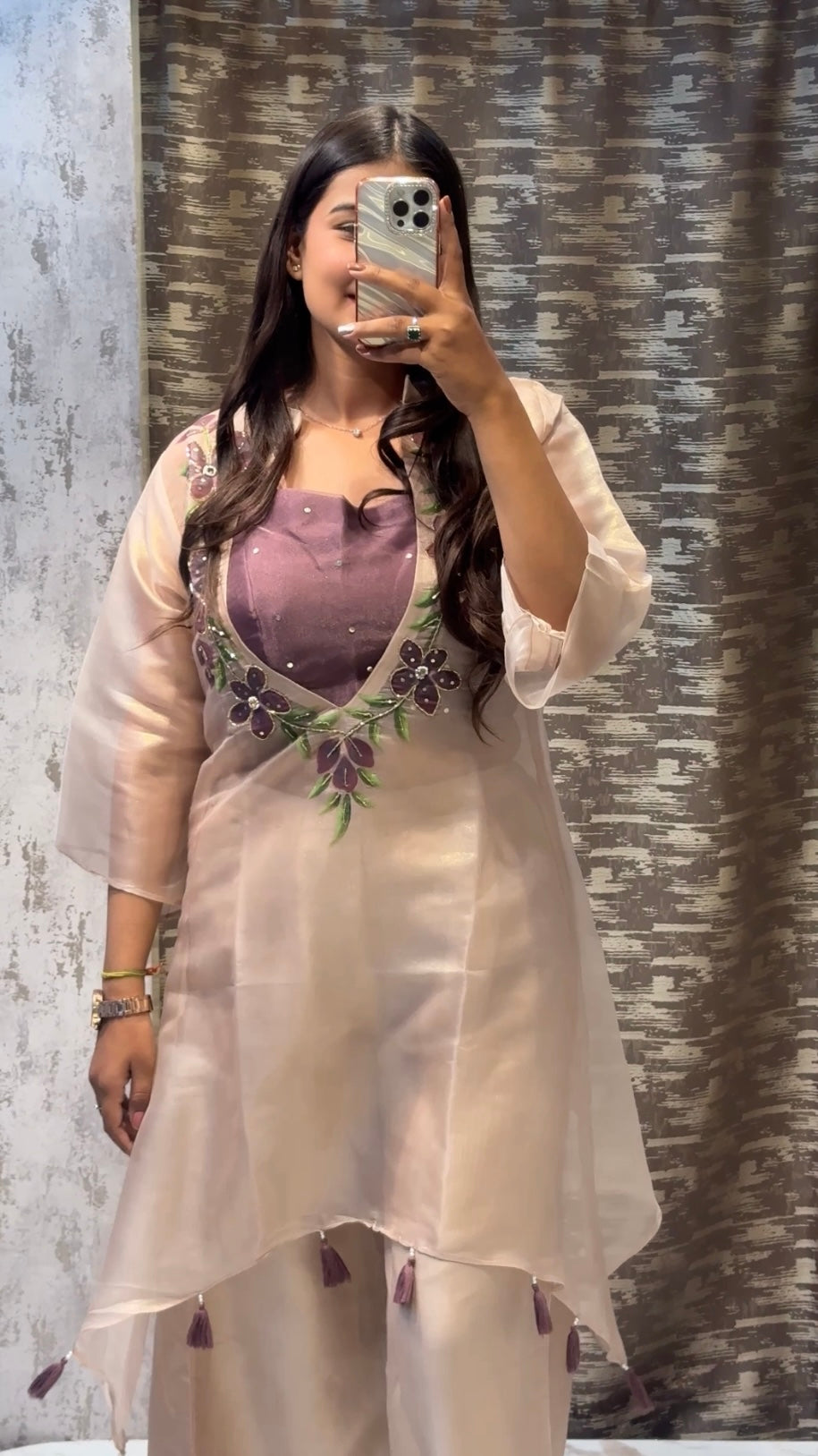 Pastel Organza Floral Handwork Co-ord Set with Tassel Detailing
