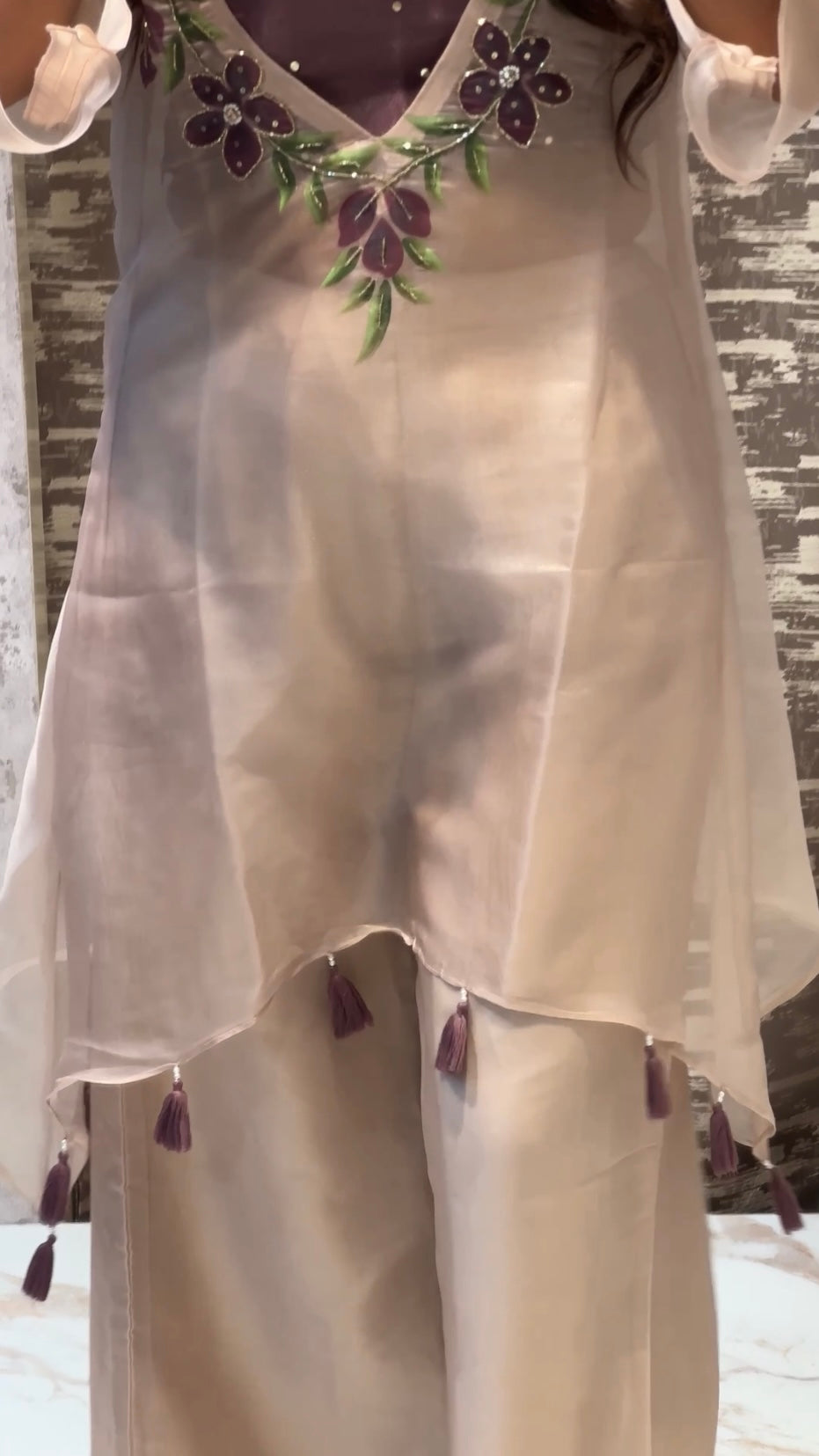 Pastel Organza Floral Handwork Co-ord Set with Tassel Detailing