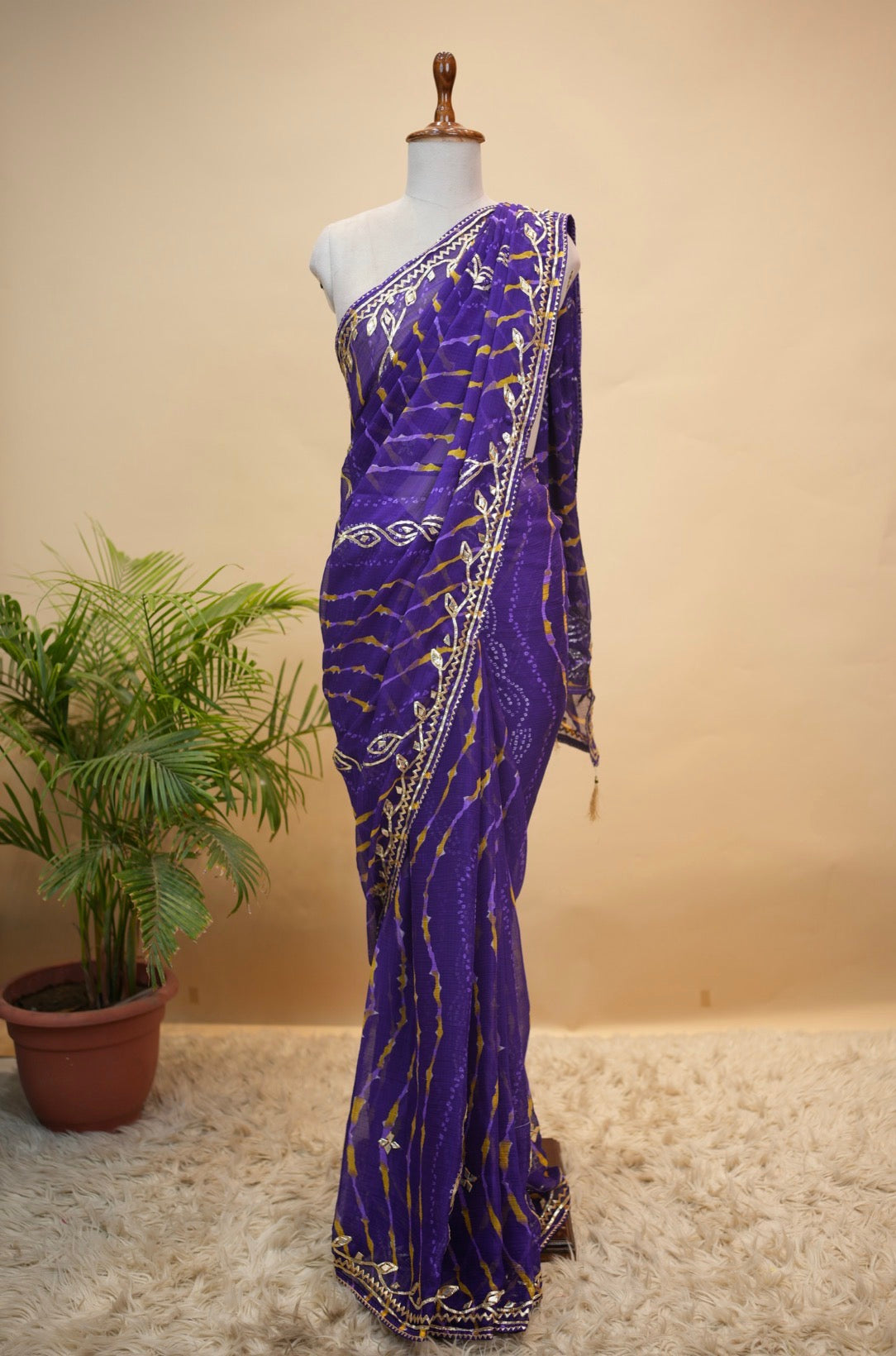 Rajasthani Leheriya Saree With Kacchi Gota Patti Work (With Blouse)