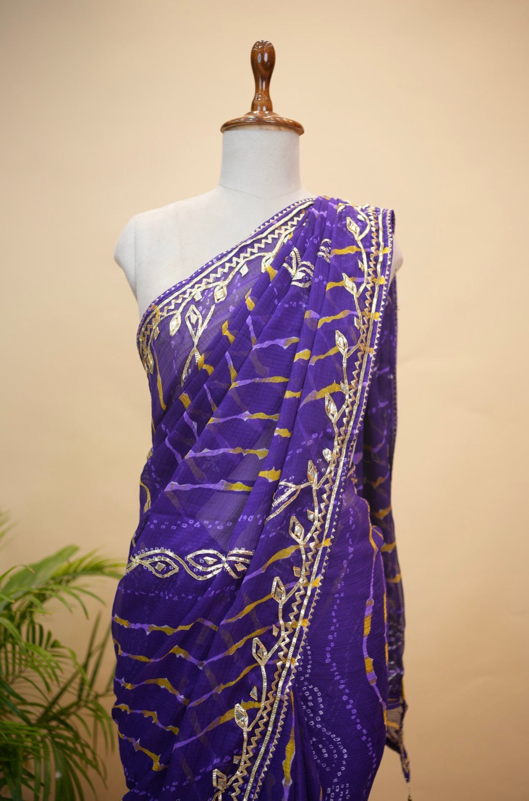 Rajasthani Leheriya Saree With Kacchi Gota Patti Work (With Blouse)
