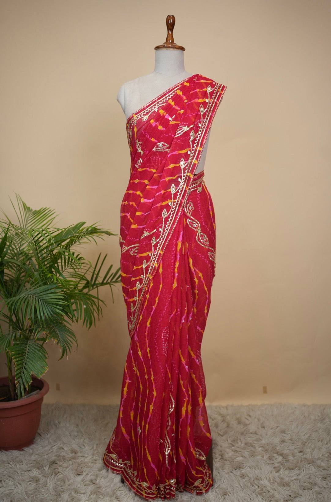 Rajasthani Leheriya Saree With Kacchi Gota Patti Work (With Blouse)