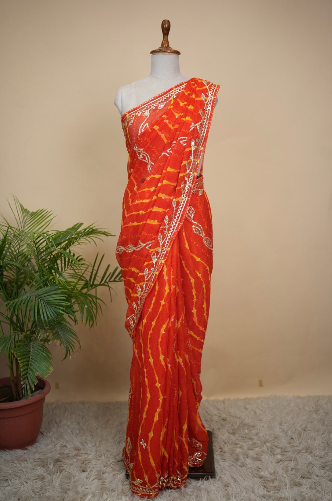 Rajasthani Leheriya Saree With Kacchi Gota Patti Work (With Blouse)