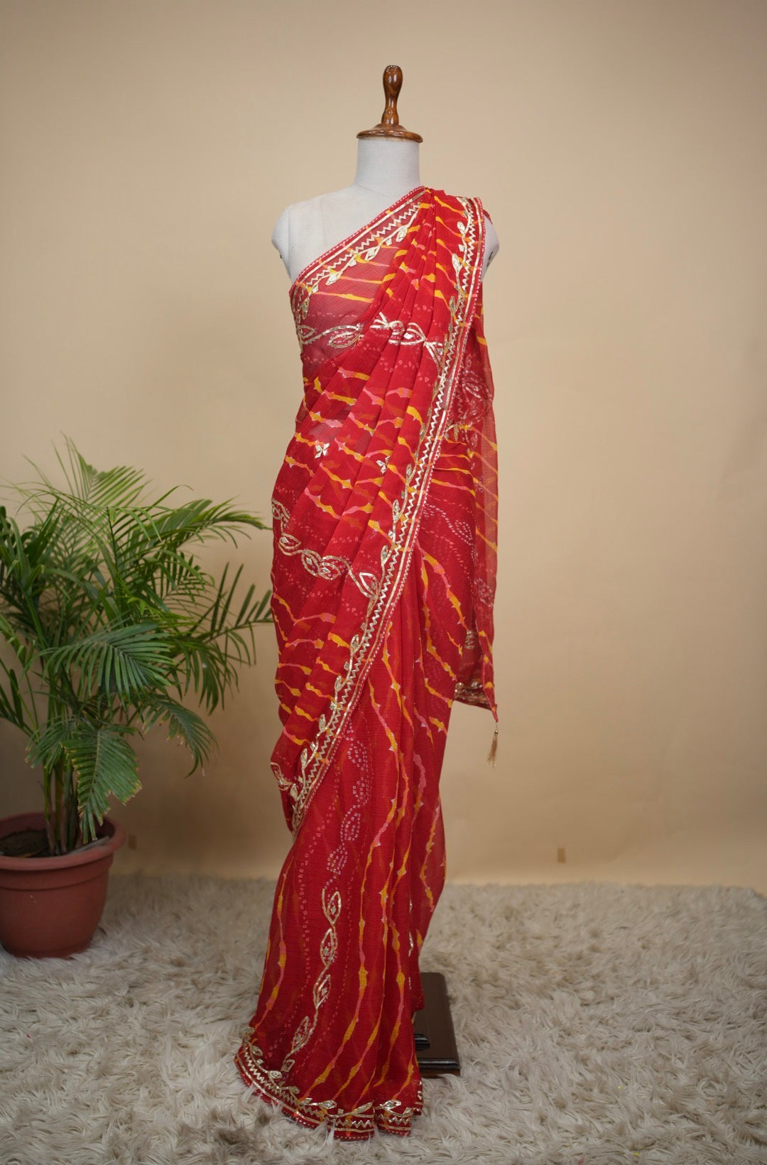 Rajasthani Leheriya Saree With Kacchi Gota Patti Work (With Blouse)