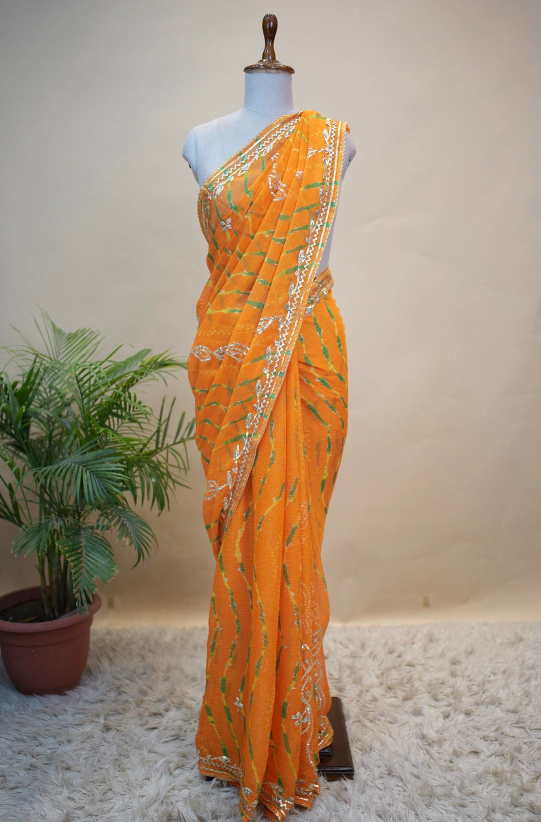 Rajasthani Leheriya Saree With Kacchi Gota Patti Work (With Blouse)