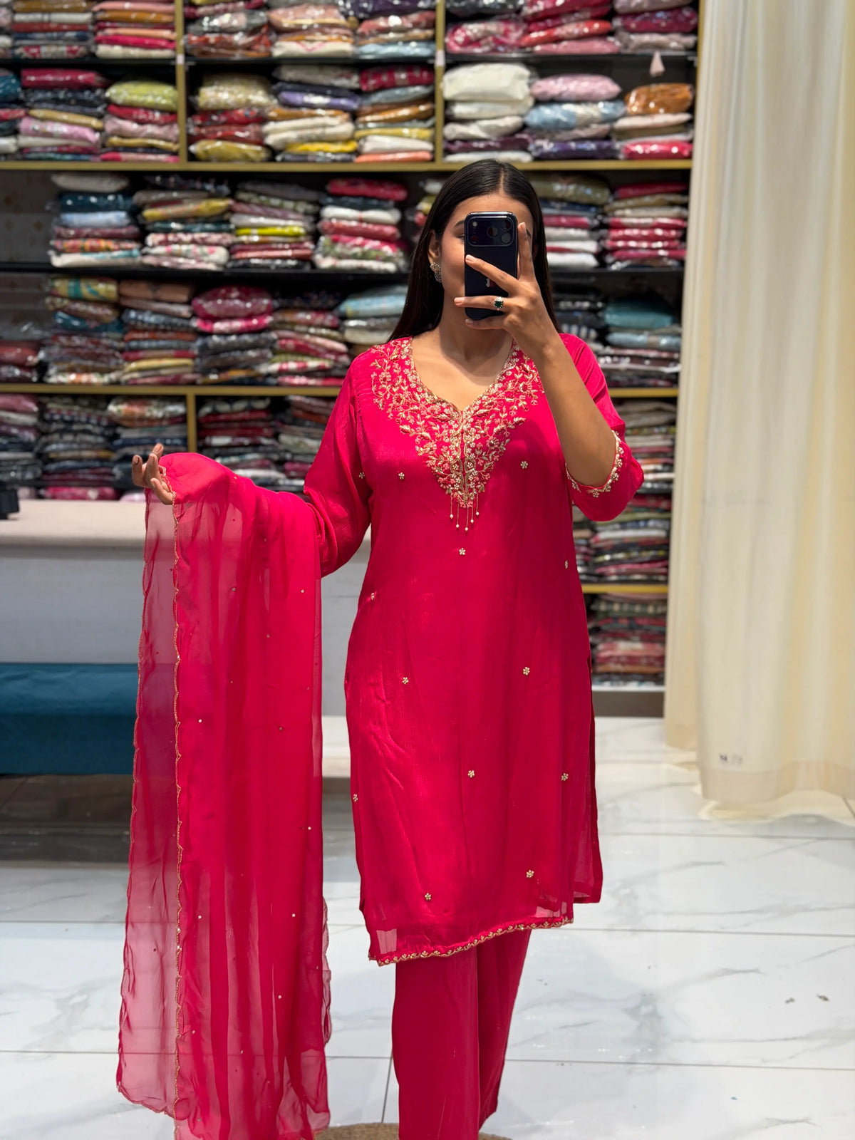 Full length look of Hot Pink Pure Silk 3-Piece Suit Set with embroidered neckline and chiffon dupatta