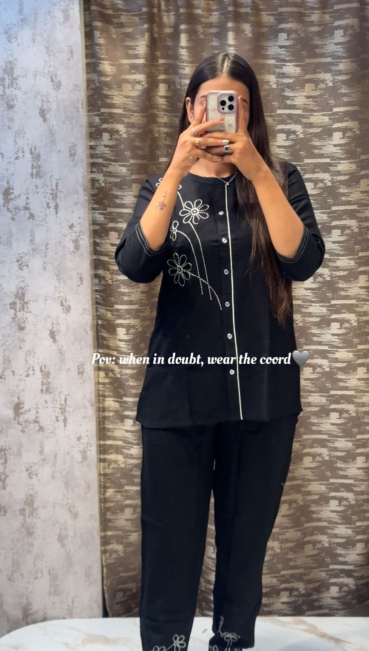 Elegant Black Co-ord Set with Floral Embroidery for Women