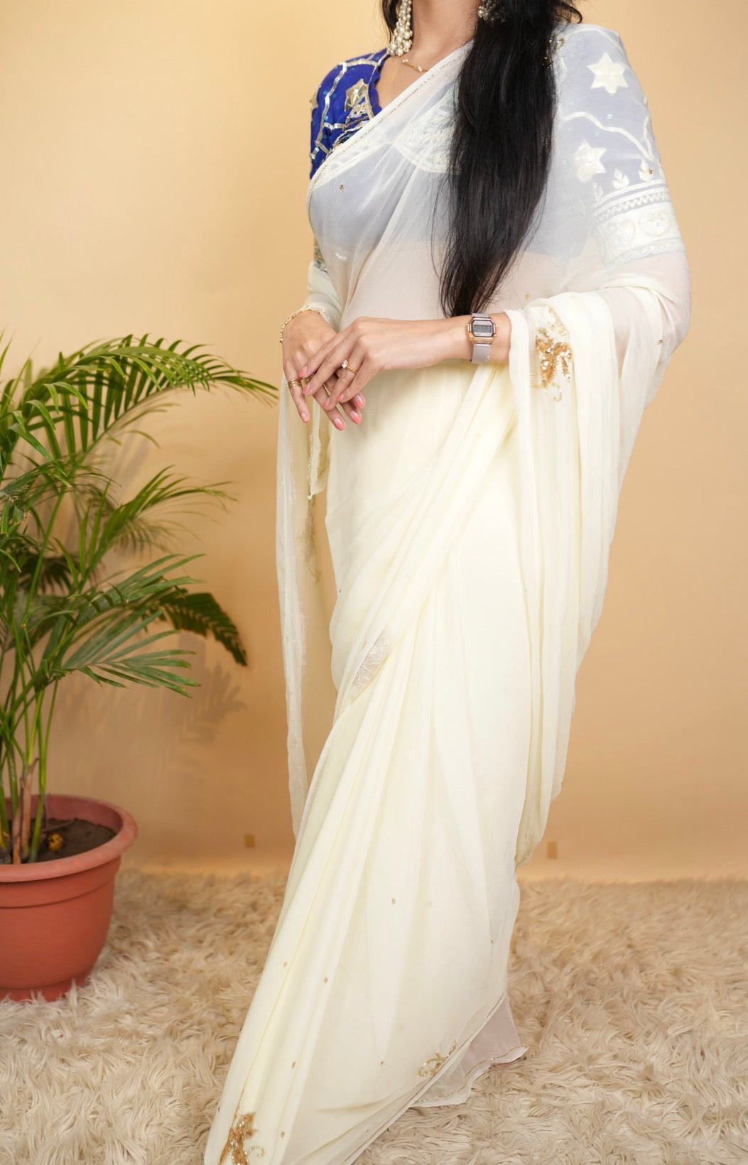 Pure Chiffon Saree With Sequence Work & Butta Pattern (With Blouse)