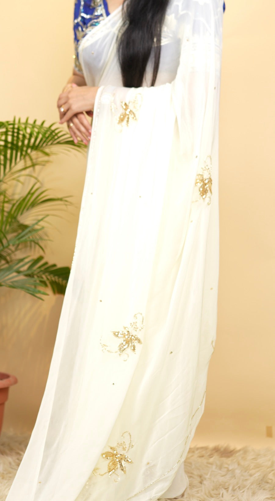 Pure Chiffon Saree With Sequence Work & Butta Pattern (With Blouse)