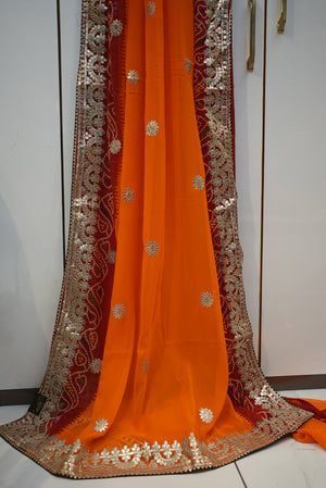 RAJASTHANI PILA CHUNRI SAREE  WITH CONTRAST GREEM BLOUSE  ##SR0151