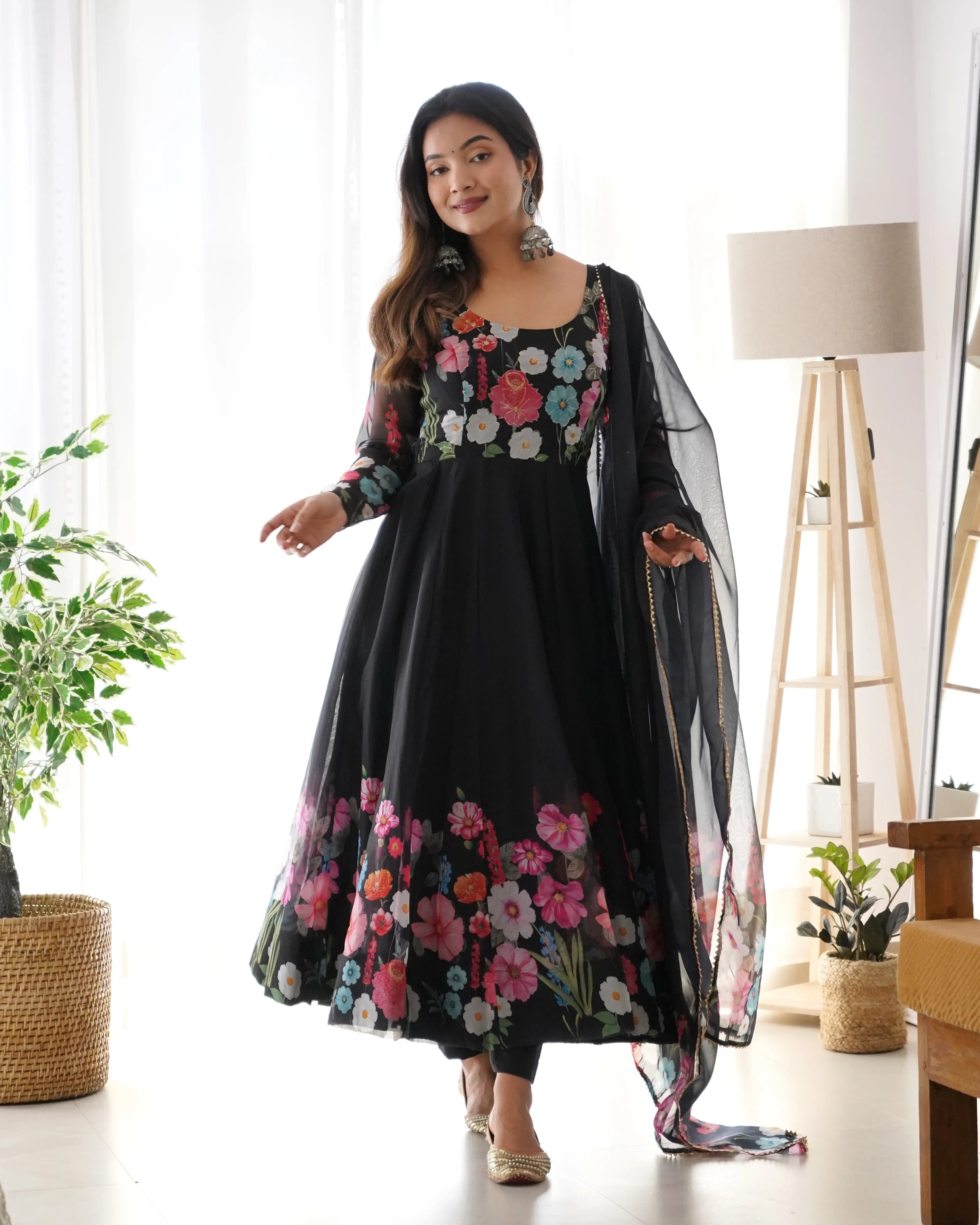 Pure Organza Silk Printed Anarkali Set with Badla Jari Handwork & Gota Patti Dupatta