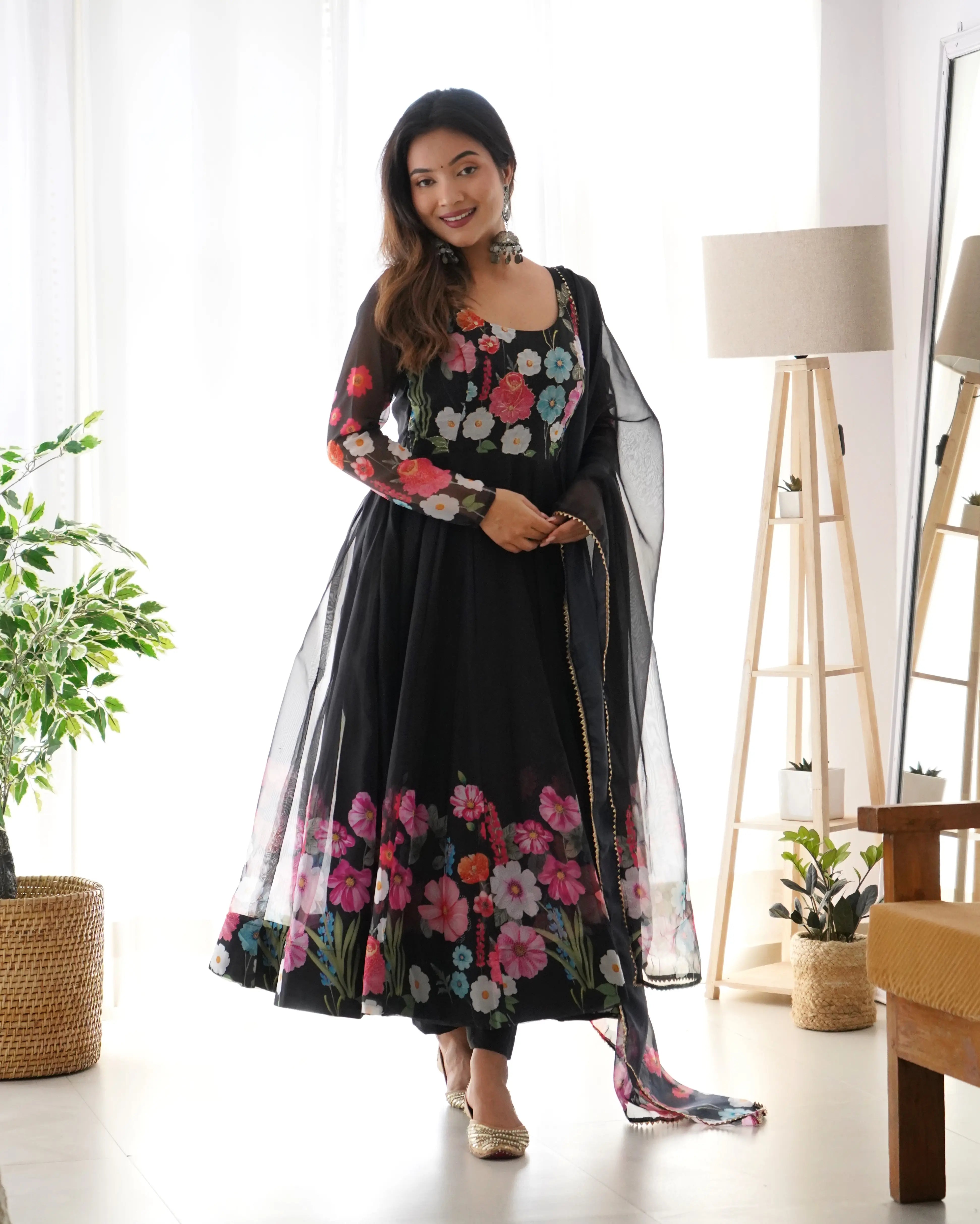 Pure Organza Silk Printed Anarkali Set with Badla Jari Handwork & Gota Patti Dupatta