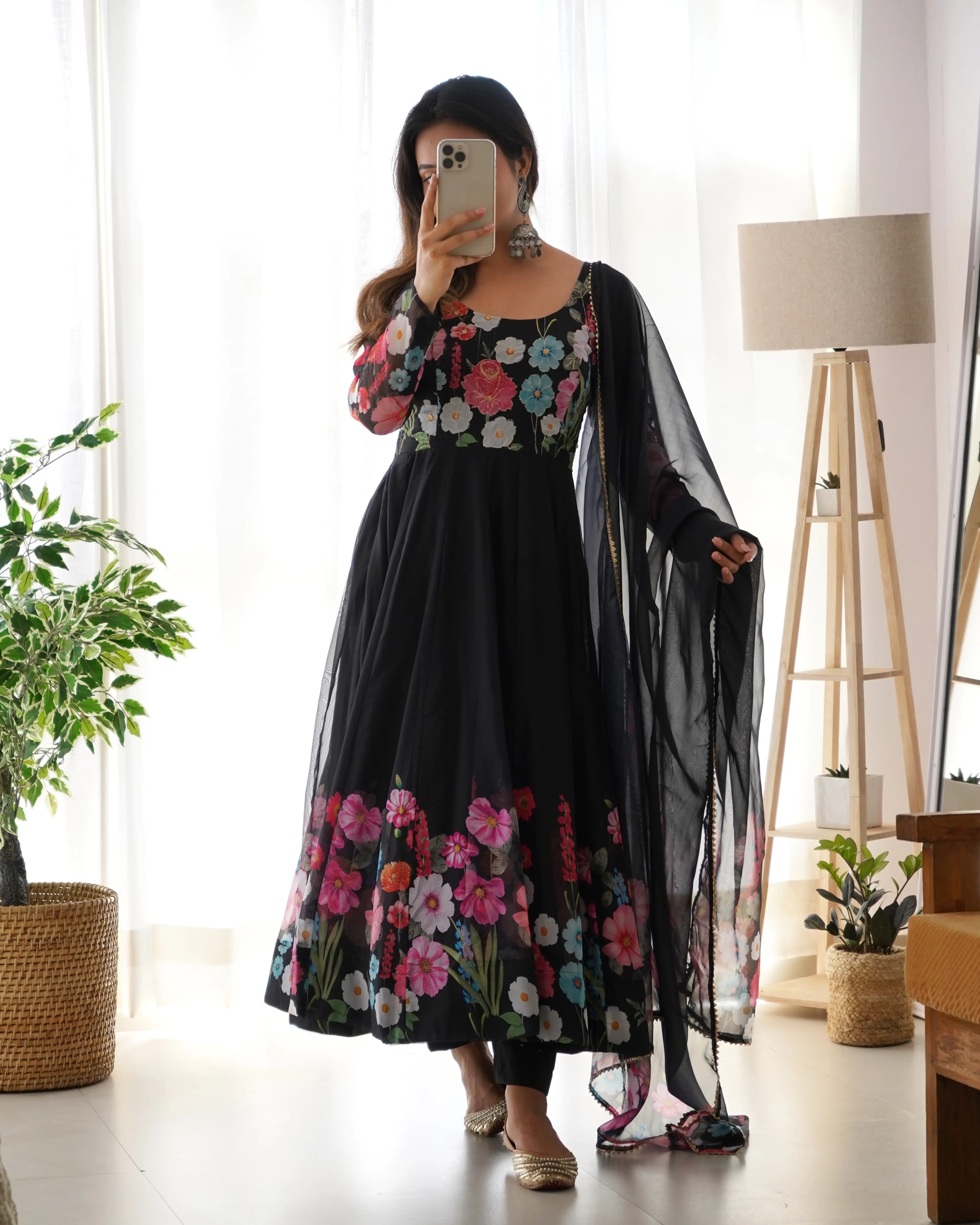 Pure Organza Silk Printed Anarkali Set with Badla Jari Handwork & Gota Patti Dupatta
