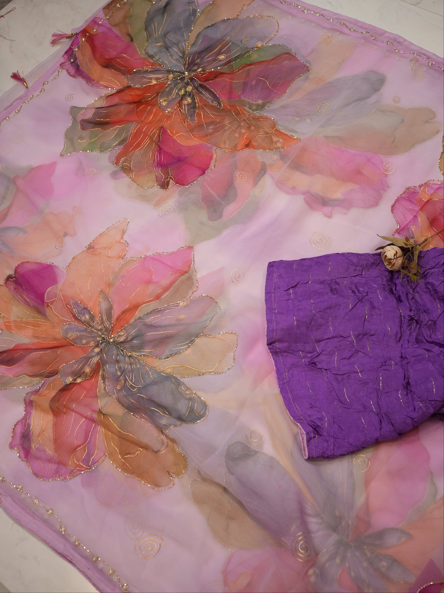 GEORGETTE FABRIC HANDWORK SARFEE WITH CUTDANA WORK AND FLOWER PRINT SAREE (WITH BLOUSE) ##SR02015