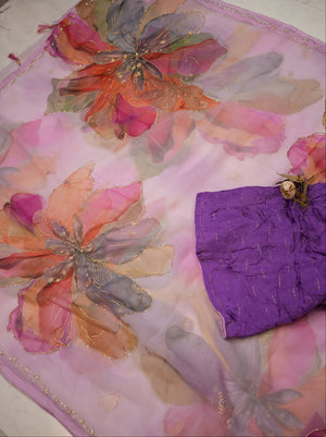 GEORGETTE FABRIC HANDWORK SARFEE WITH CUTDANA WORK AND FLOWER PRINT SAREE (WITH BLOUSE) ##SR02015