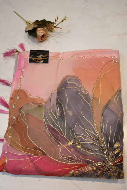 GEORGETTE FABRIC HANDWORK SARFEE WITH CUTDANA WORK AND FLOWER PRINT SAREE (WITH BLOUSE) ##SR02015