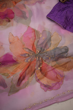 GEORGETTE FABRIC HANDWORK SARFEE WITH CUTDANA WORK AND FLOWER PRINT SAREE (WITH BLOUSE) ##SR02015