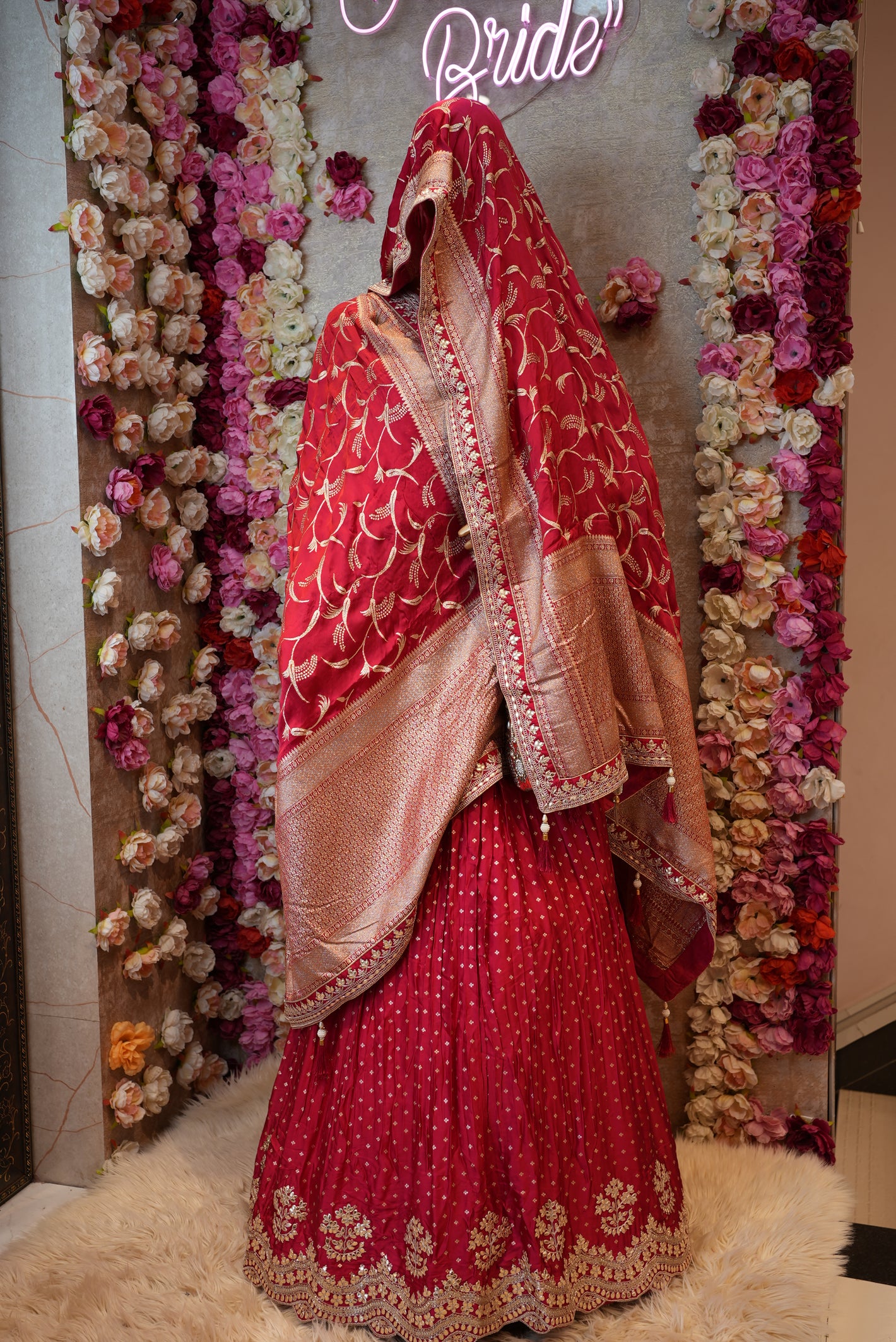 KARWA CHAUTH SOECIAL SINDOORI RED LEHENGA ON HC SILK FABRIC WITH BANRASI JARI WEAVING BUTI & GOTA PATTI WORK AND BANARASI ZARI WEAVING BORDER DUPATTA WITH HEAVY BLOUSE ##LC028