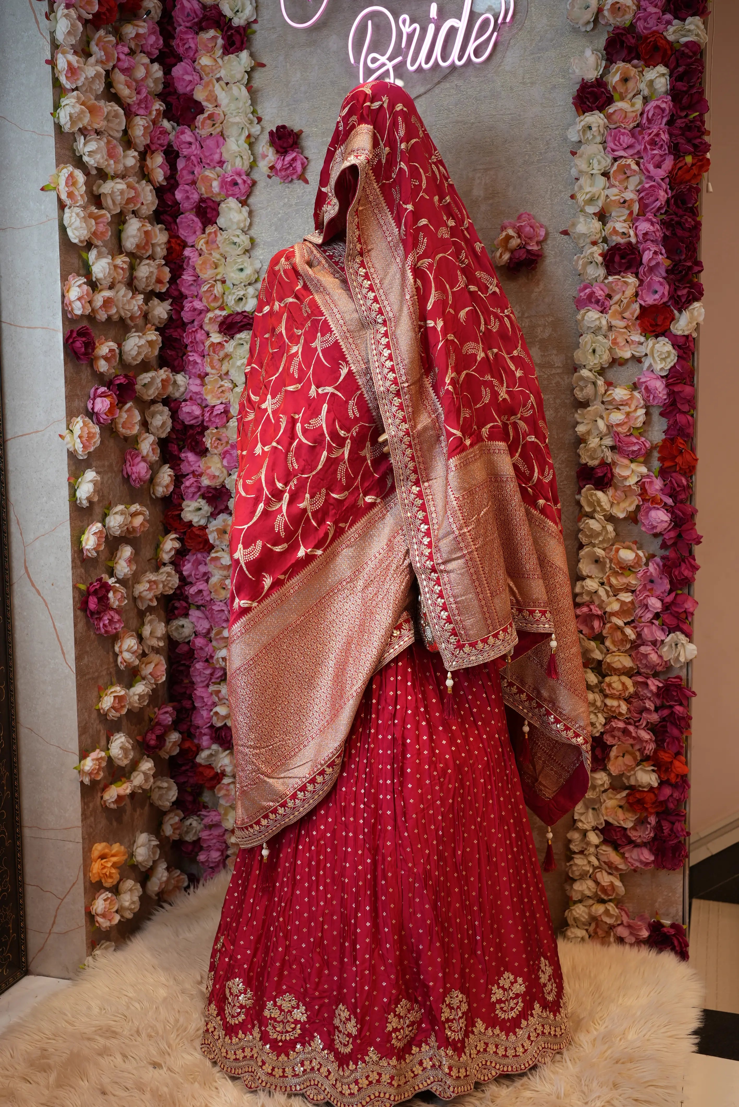 Karwa Chauth Special Sindoori Red Silk Lehenga with Banarasi Zari & Gota Patti