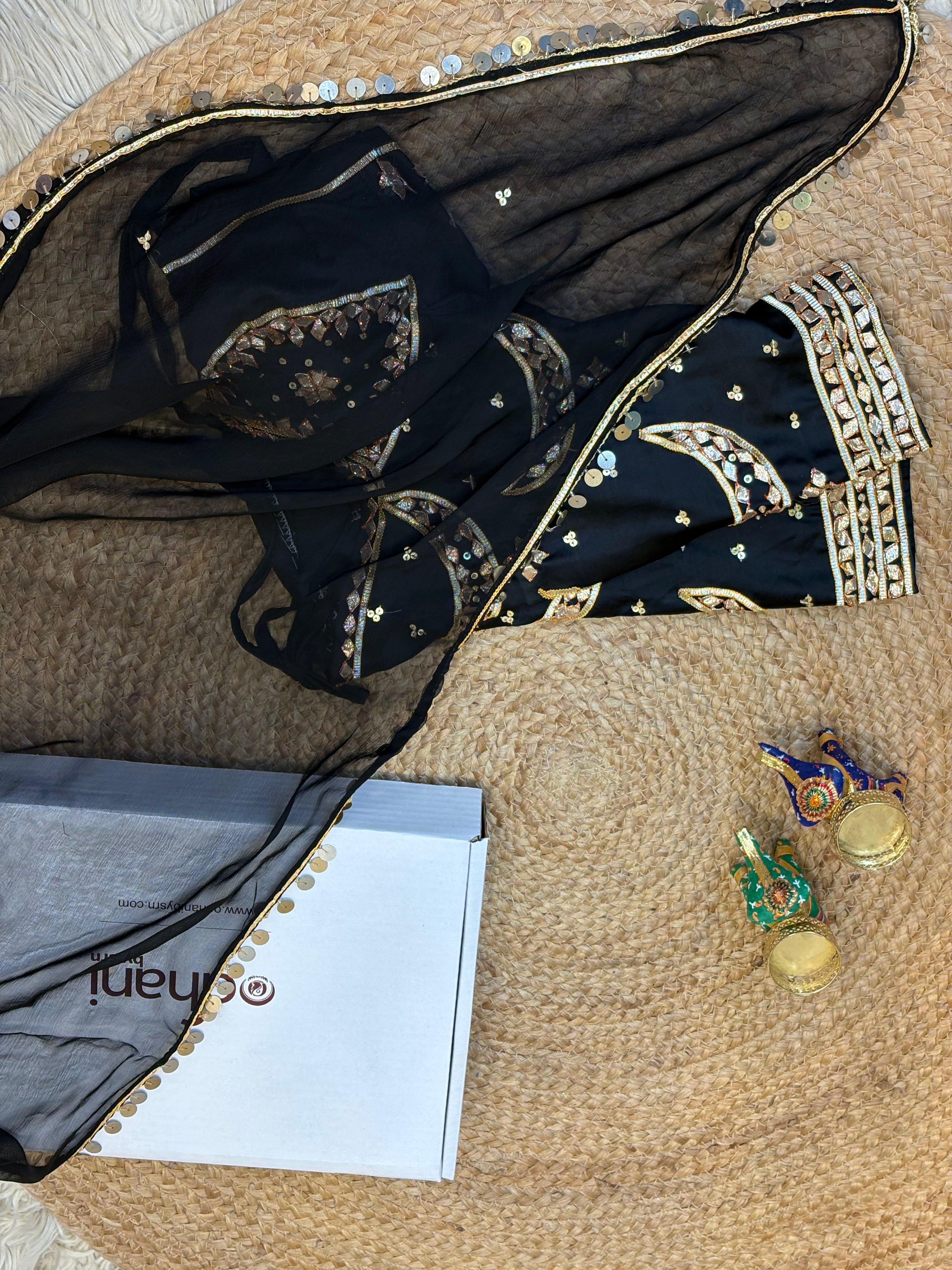 Pure Chiffon Sequence Work Saree Wtih Chand Bali Rajasthani Kachi Gota Patti Handwork Aangi