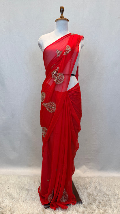 ROYAL CHIFFON FABRIC SAREE WITH VINTAGE SEQUENCE,CUTDANA BUTA WORK  ##SR592