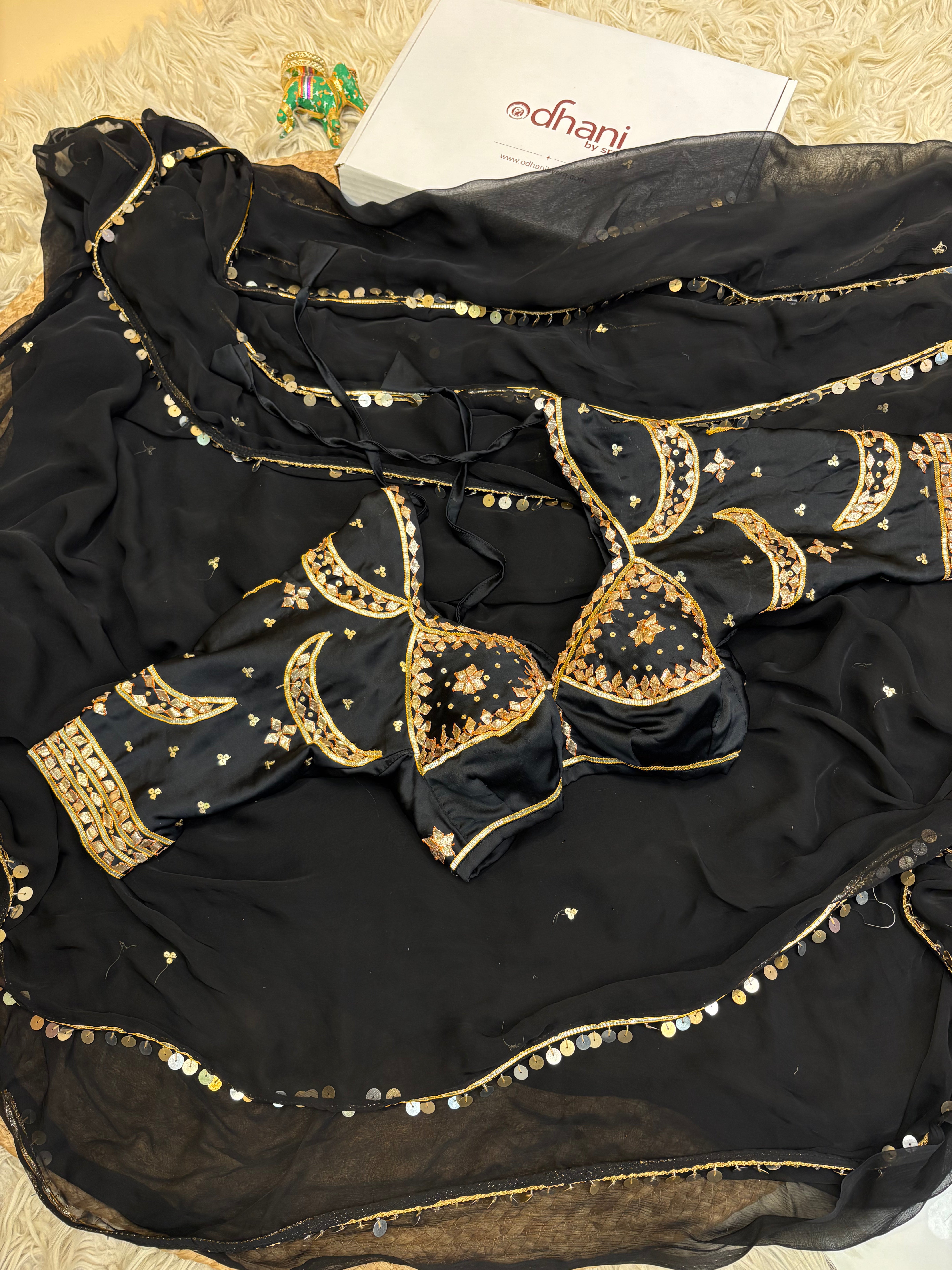Pure Chiffon Sequence Work Saree Wtih Chand Bali Rajasthani Kachi Gota Patti Handwork Aangi