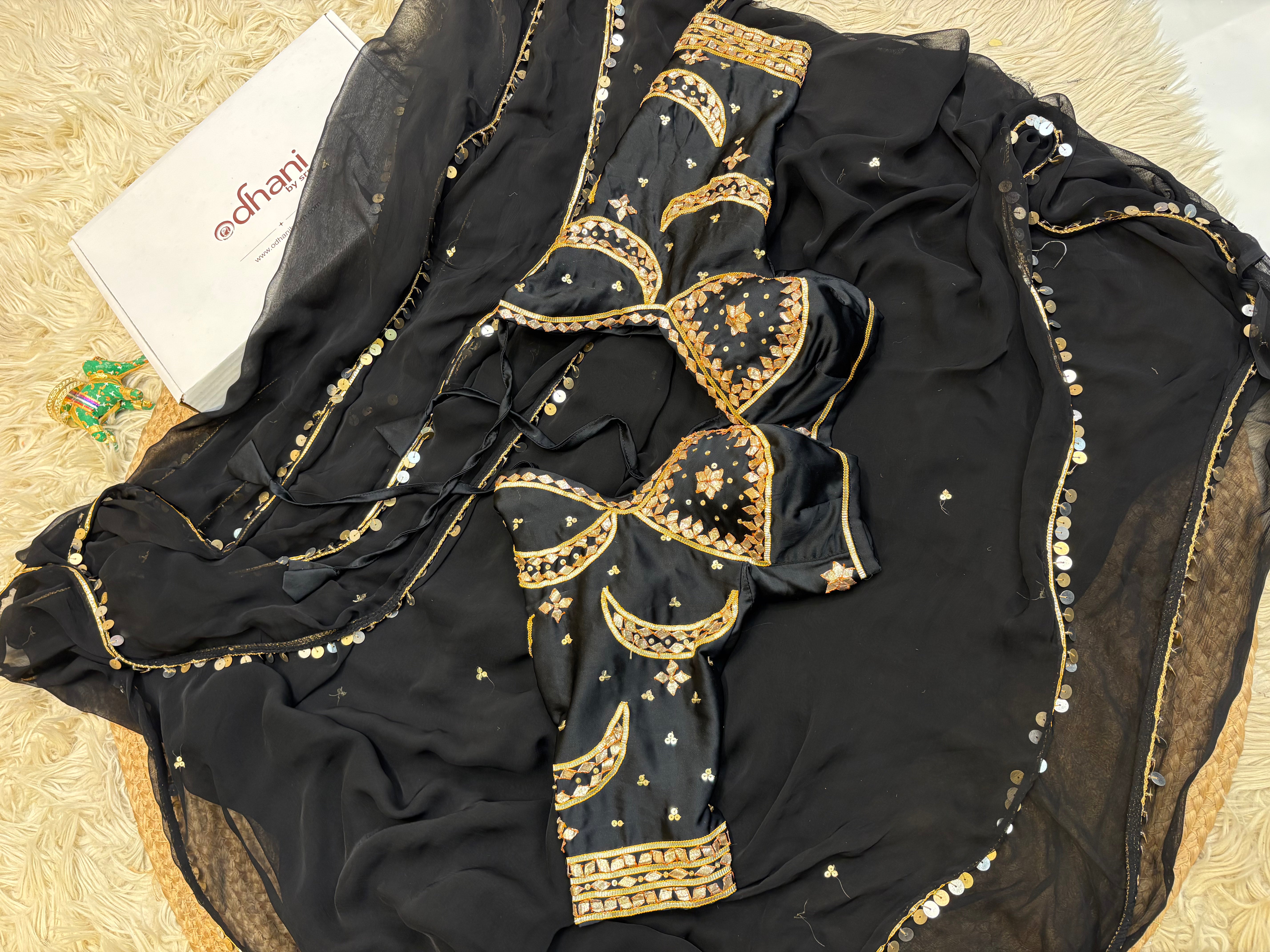 Pure Chiffon Sequence Work Saree Wtih Chand Bali Rajasthani Kachi Gota Patti Handwork Aangi