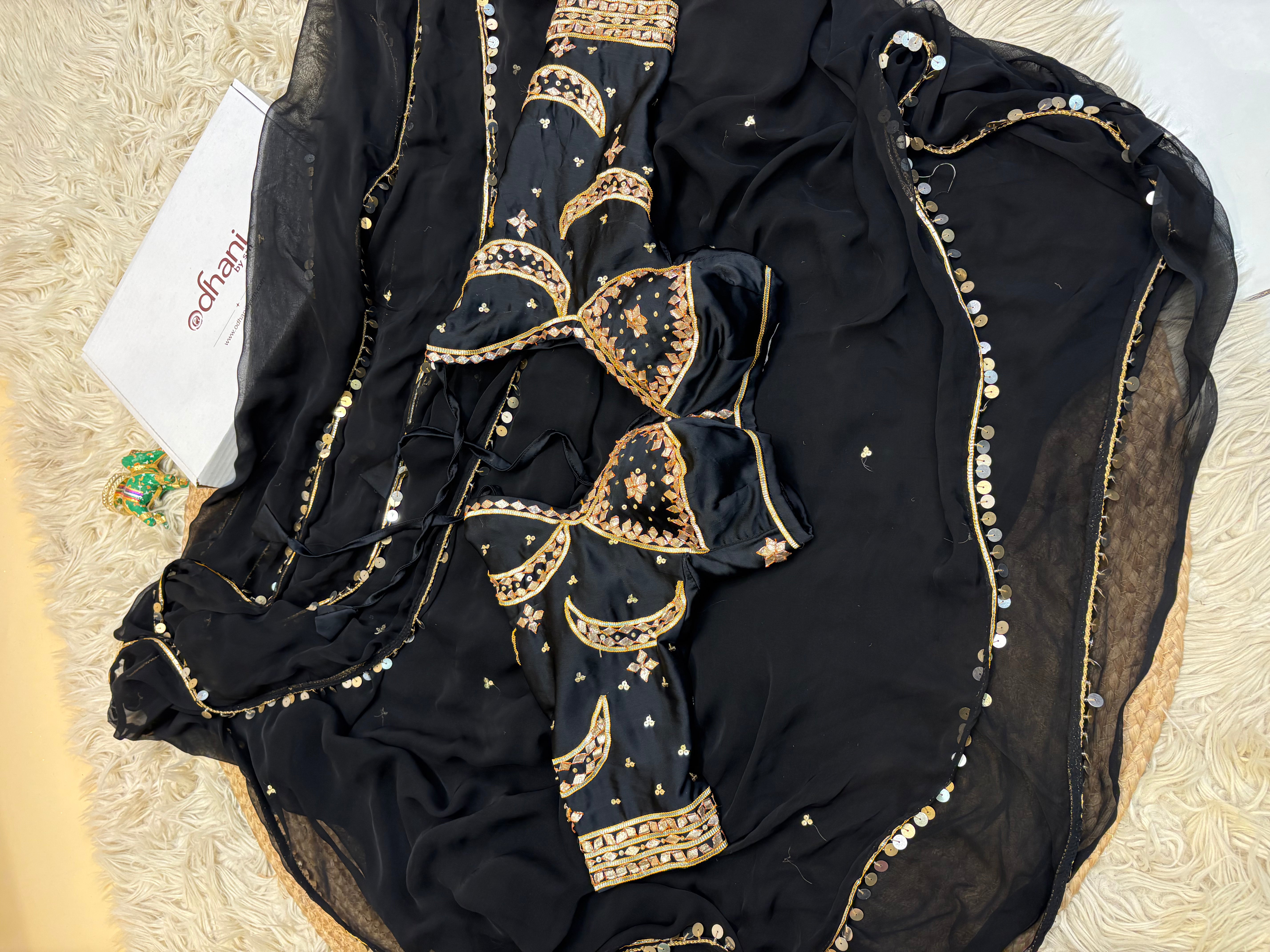 Pure Chiffon Sequence Work Saree Wtih Chand Bali Rajasthani Kachi Gota Patti Handwork Aangi