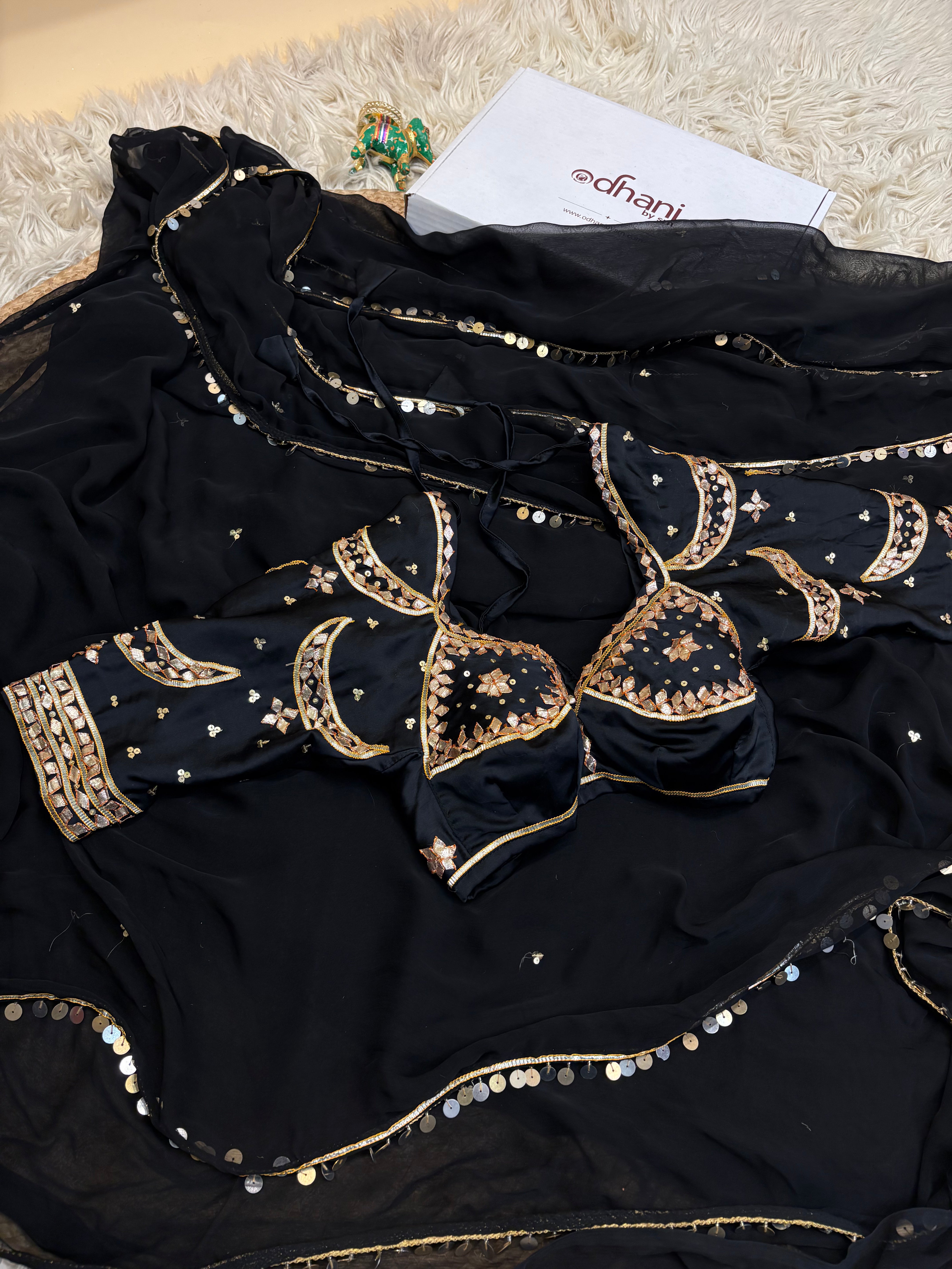 Pure Chiffon Sequence Work Saree Wtih Chand Bali Rajasthani Kachi Gota Patti Handwork Aangi
