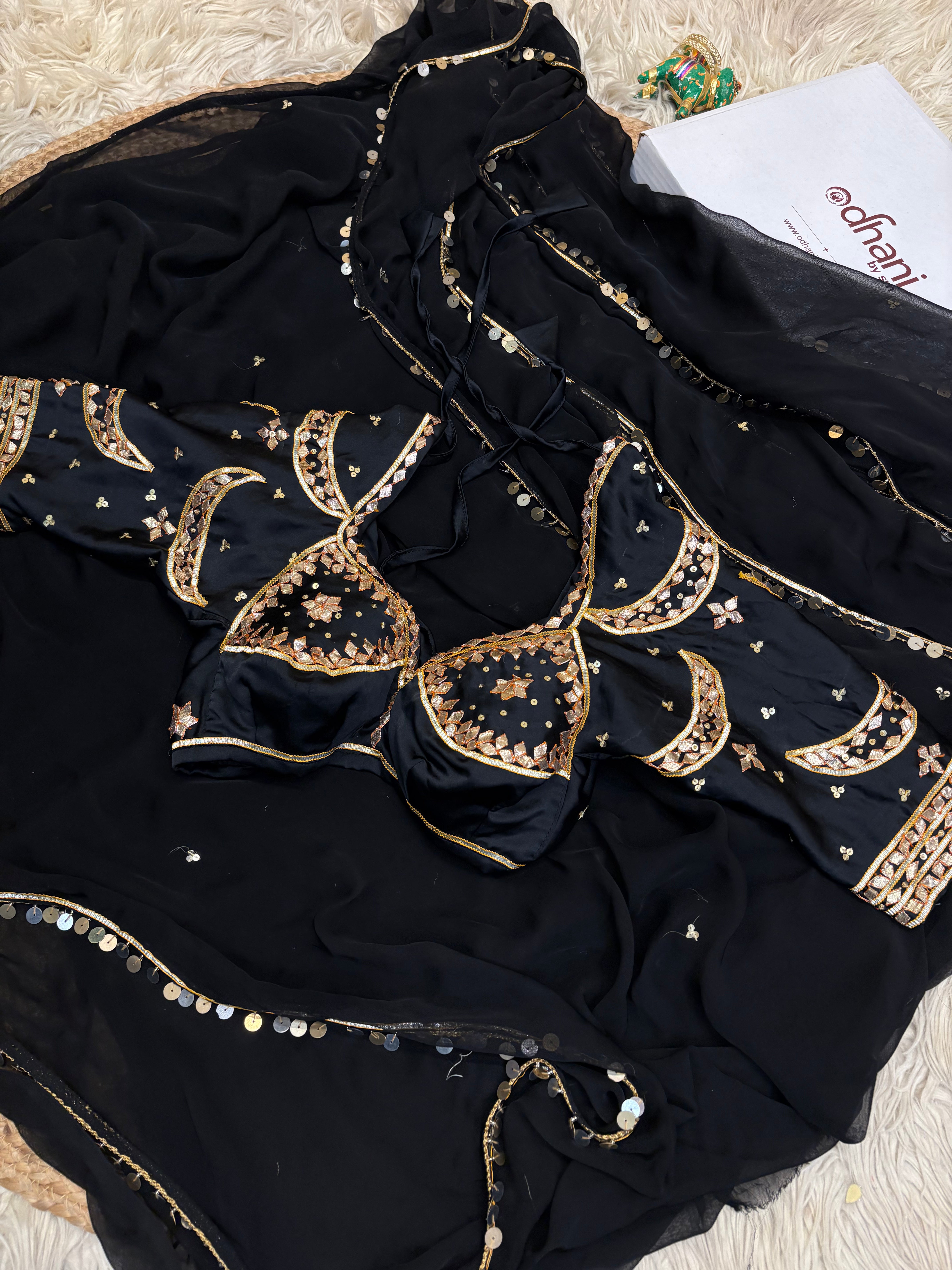 Pure Chiffon Sequence Work Saree Wtih Chand Bali Rajasthani Kachi Gota Patti Handwork Aangi