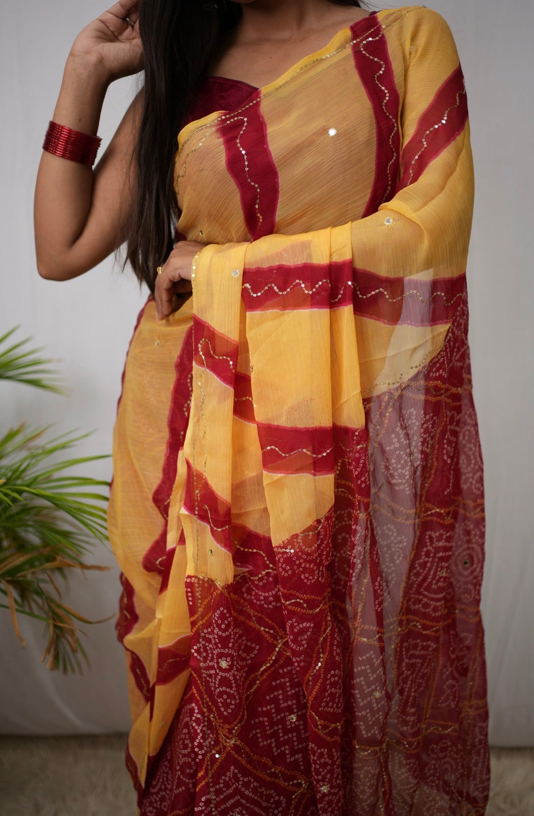 Rajasthani Bandhani Leheriya Saree with Aari Taari & Sequin Work (Without Blouse)