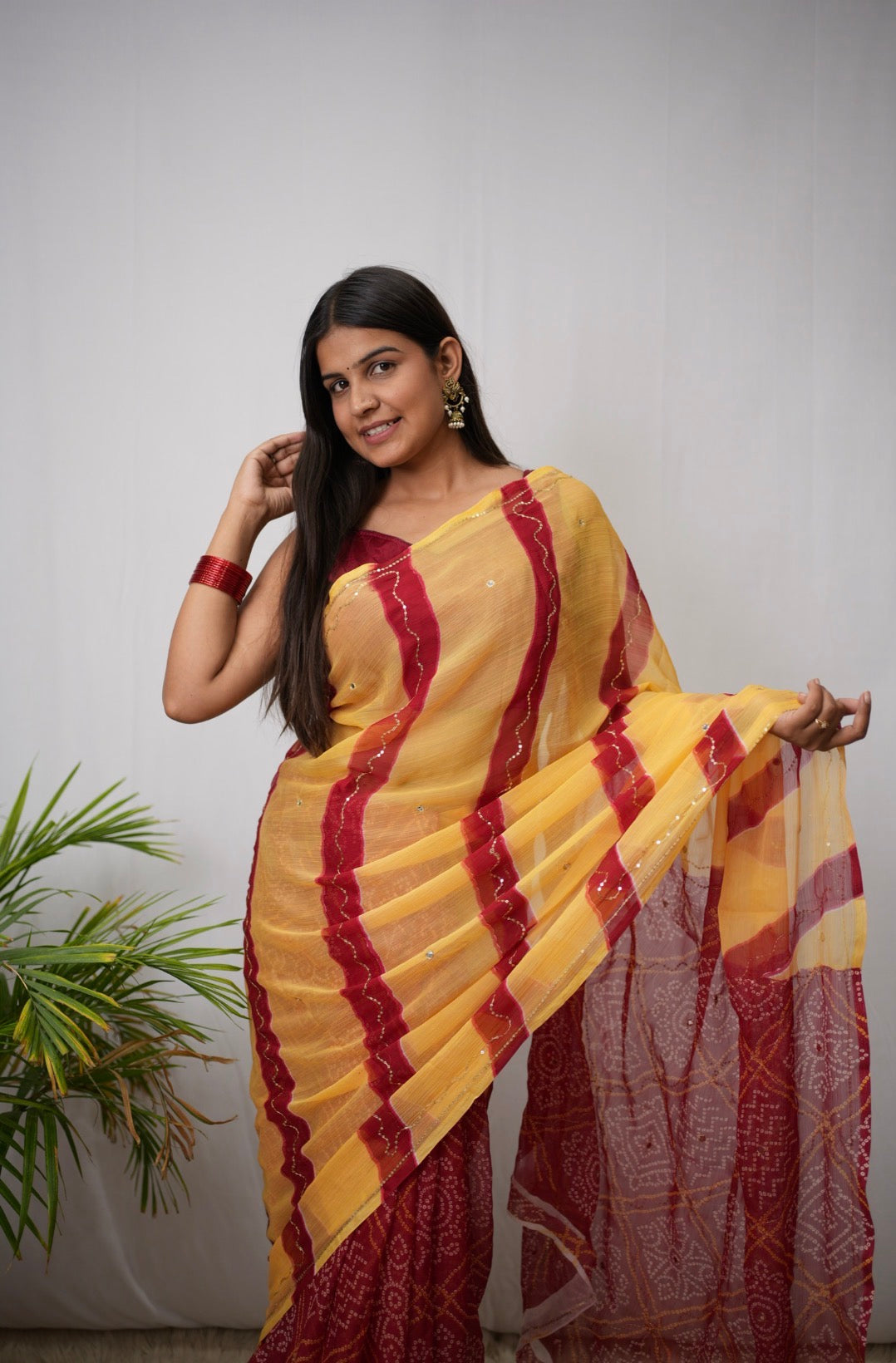 Rajasthani Bandhani Leheriya Saree with Aari Taari & Sequin Work (Without Blouse)