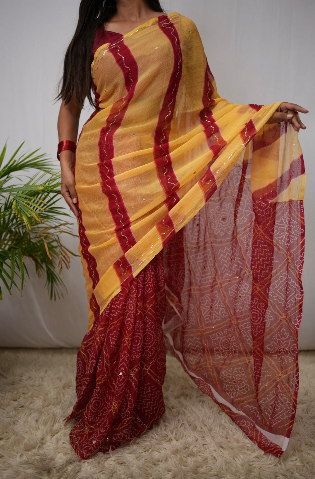 Rajasthani Bandhani Leheriya Saree with Aari Taari & Sequin Work (Without Blouse)