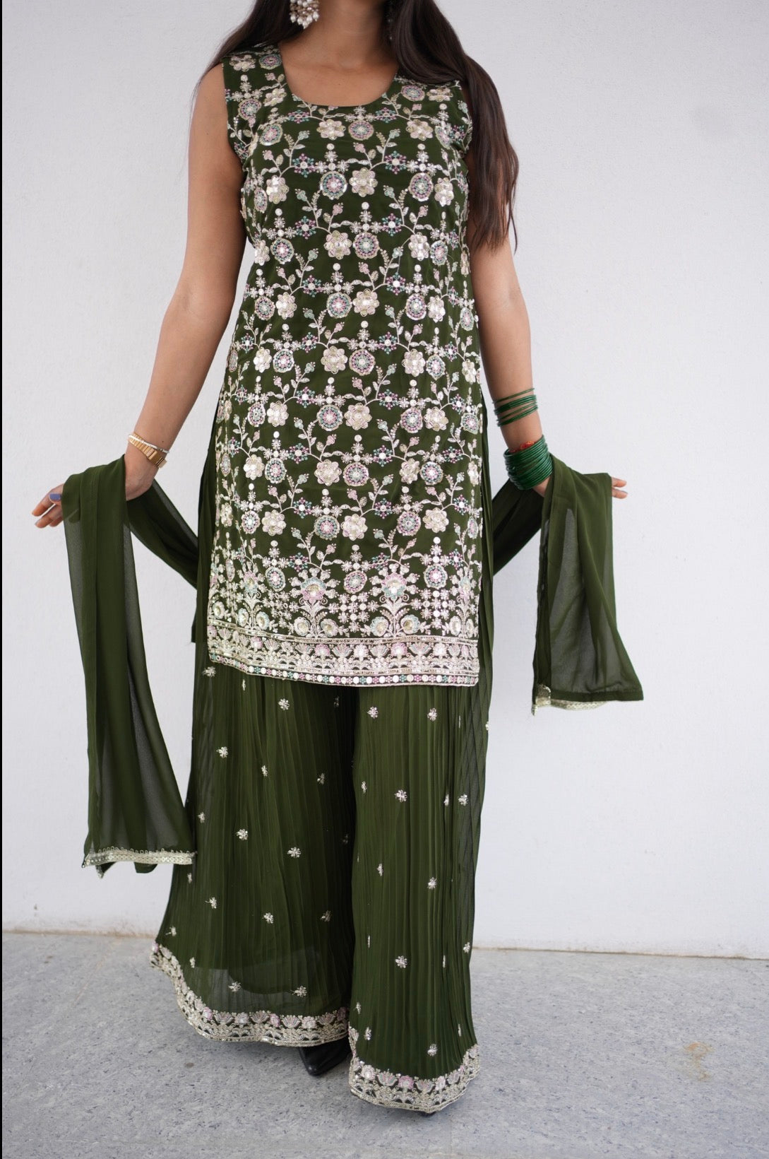 Olive Green Floral Embroidered Kurta Set With Dupatta
