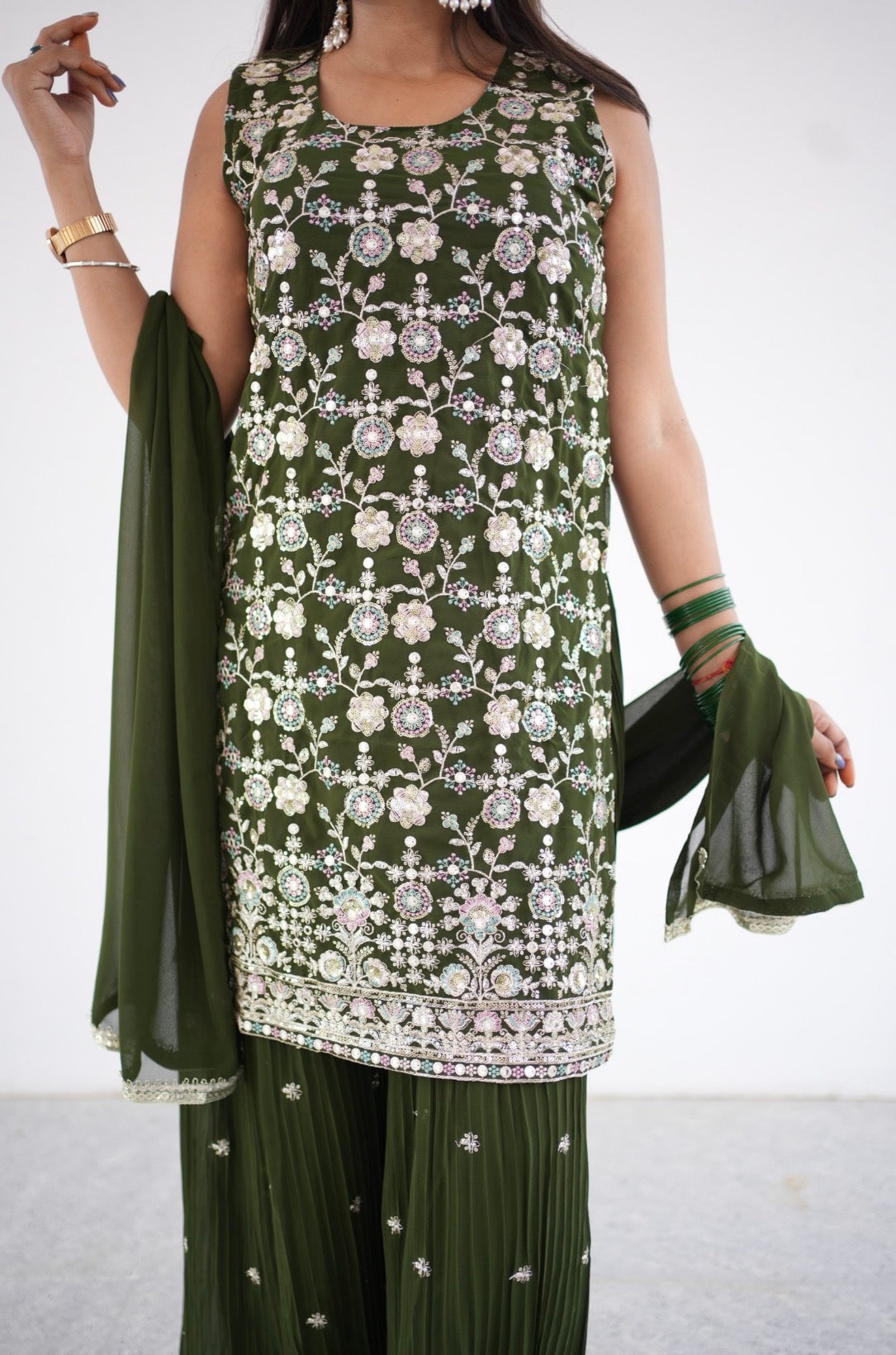 Olive Green Floral Embroidered Kurta Set With Dupatta