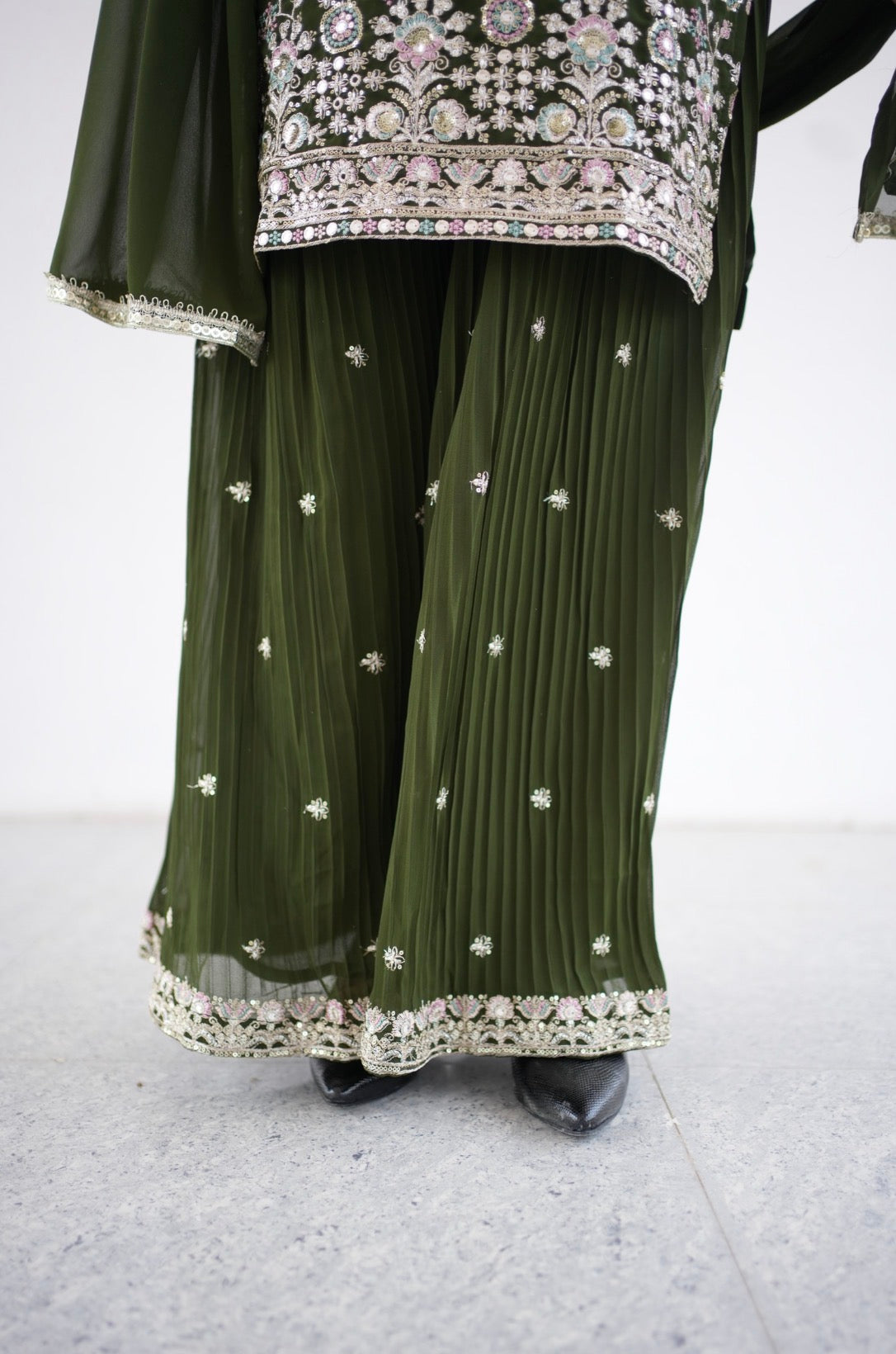 Olive Green Floral Embroidered Kurta Set With Dupatta