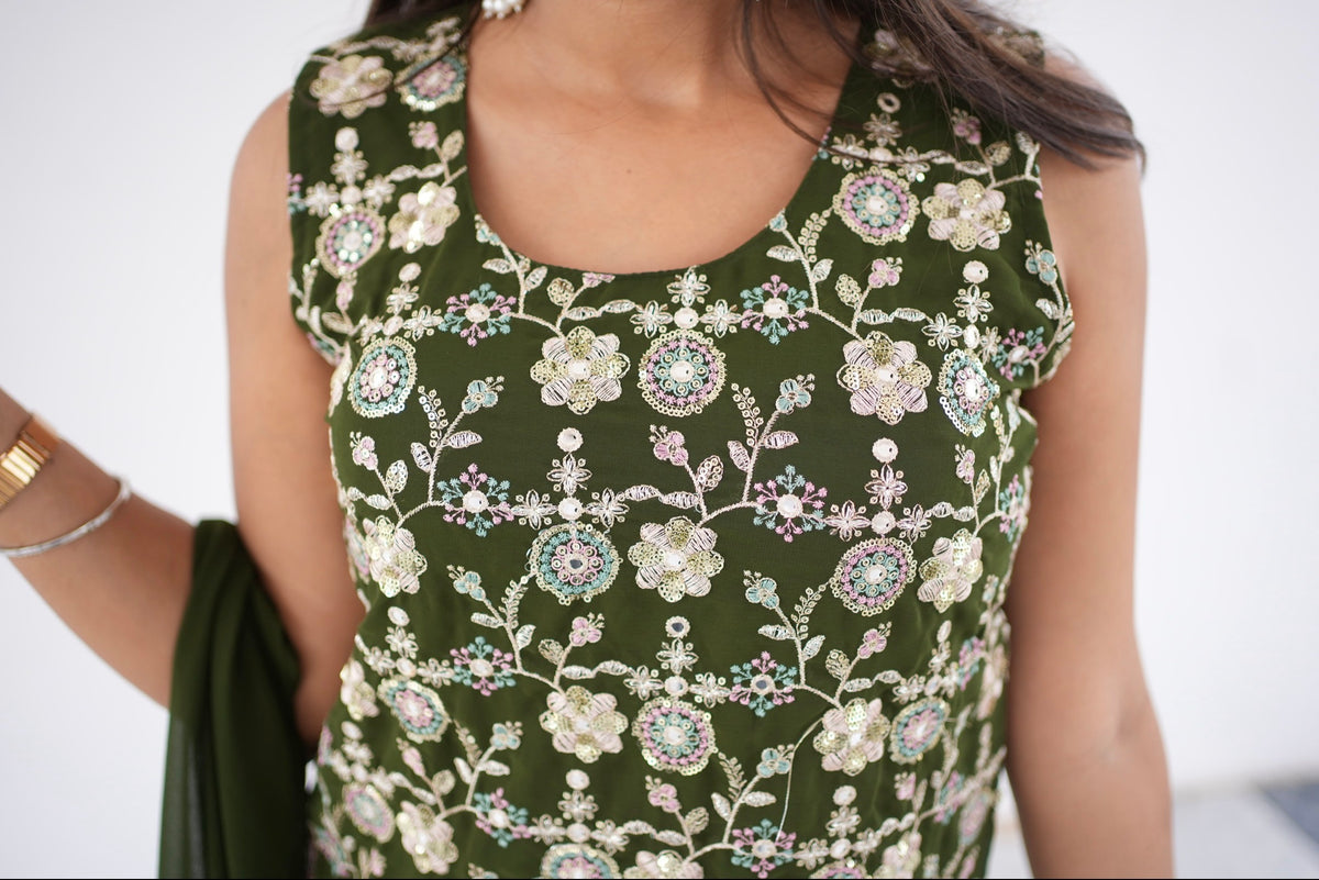 Olive Green Floral Embroidered Kurta Set With Dupatta