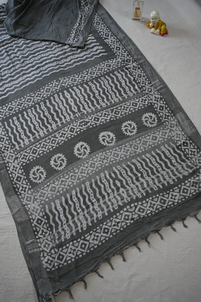 LINEN COTTON FABRIC LEHRYA SAREE WITH BATIK PRINT (WITH BLOUSE)     ##SR0303