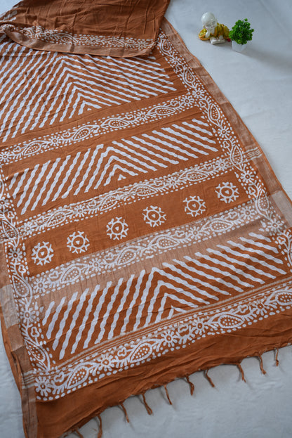 LINEN COTTON FABRIC LEHRYA SAREE WITH BATIK PRINT (WITH BLOUSE)     ##SR0303