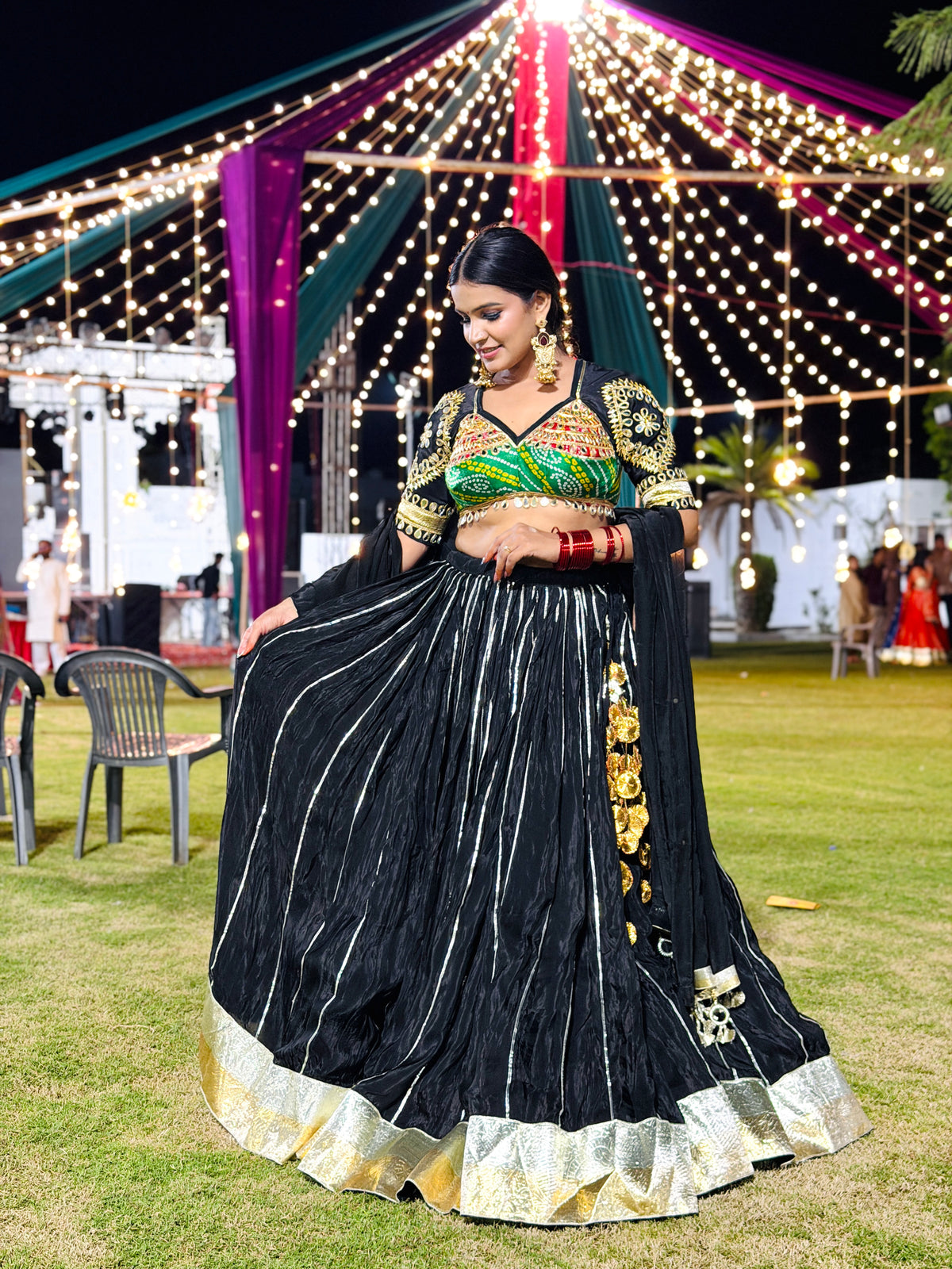 Traditional Multicolor Bandhani Gujarati Aangi Lehenga Set With Gota Work & Dupatta (PRE-BOOKING ITEM)