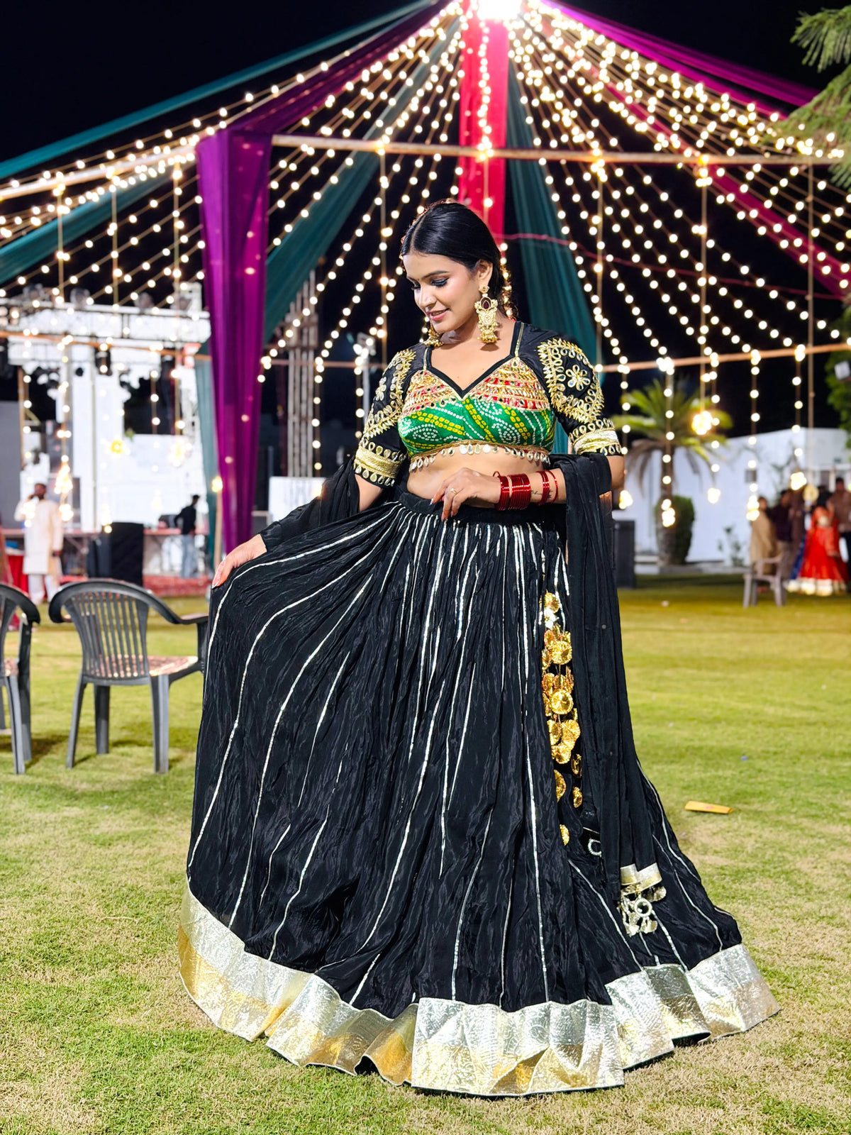 Traditional Multicolor Bandhani Gujarati Aangi Lehenga Set With Gota Work & Dupatta (PRE-BOOKING ITEM)