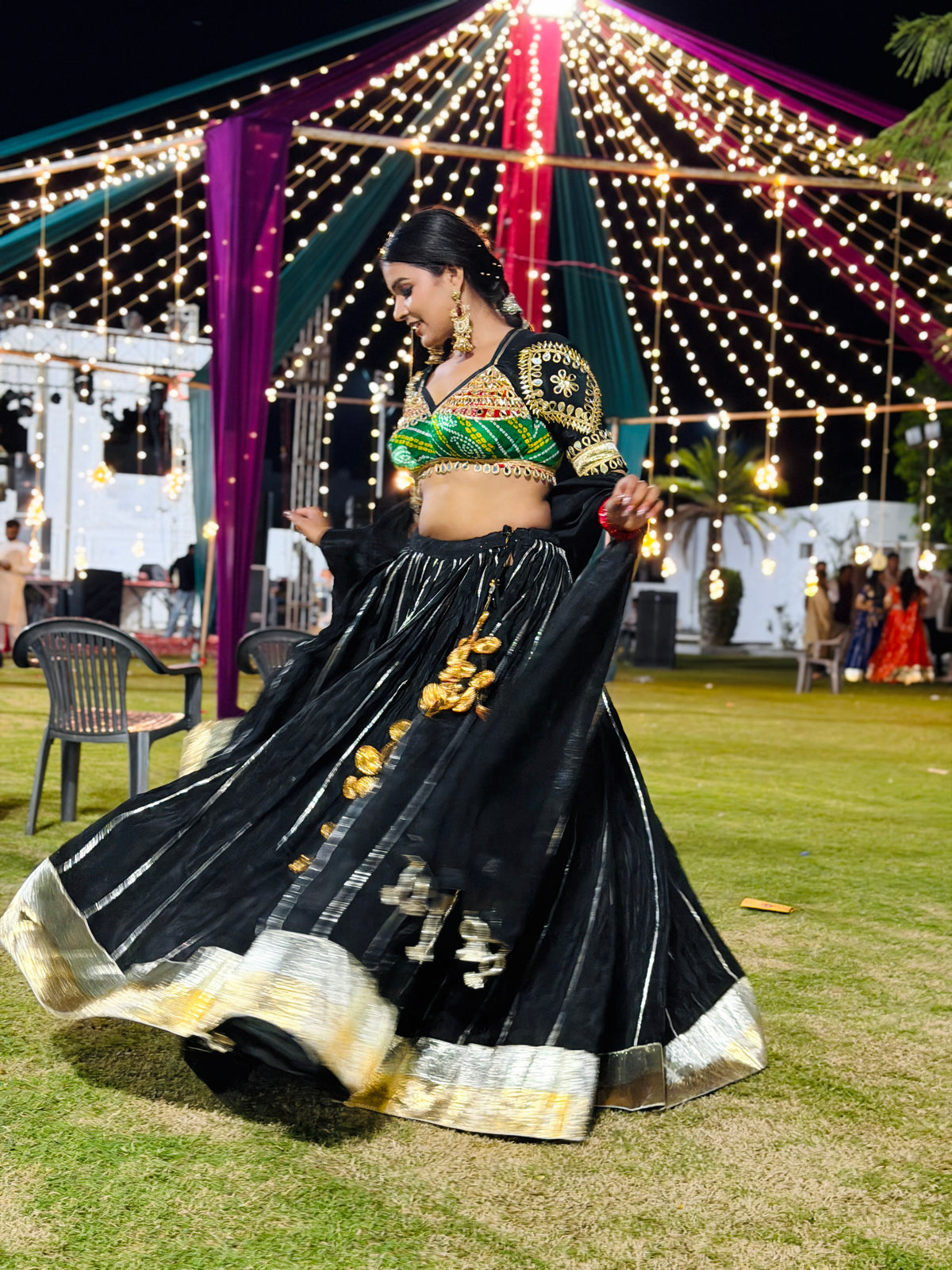 Traditional Multicolor Bandhani Gujarati Aangi Lehenga Set With Gota Work & Dupatta (PRE-BOOKING ITEM)