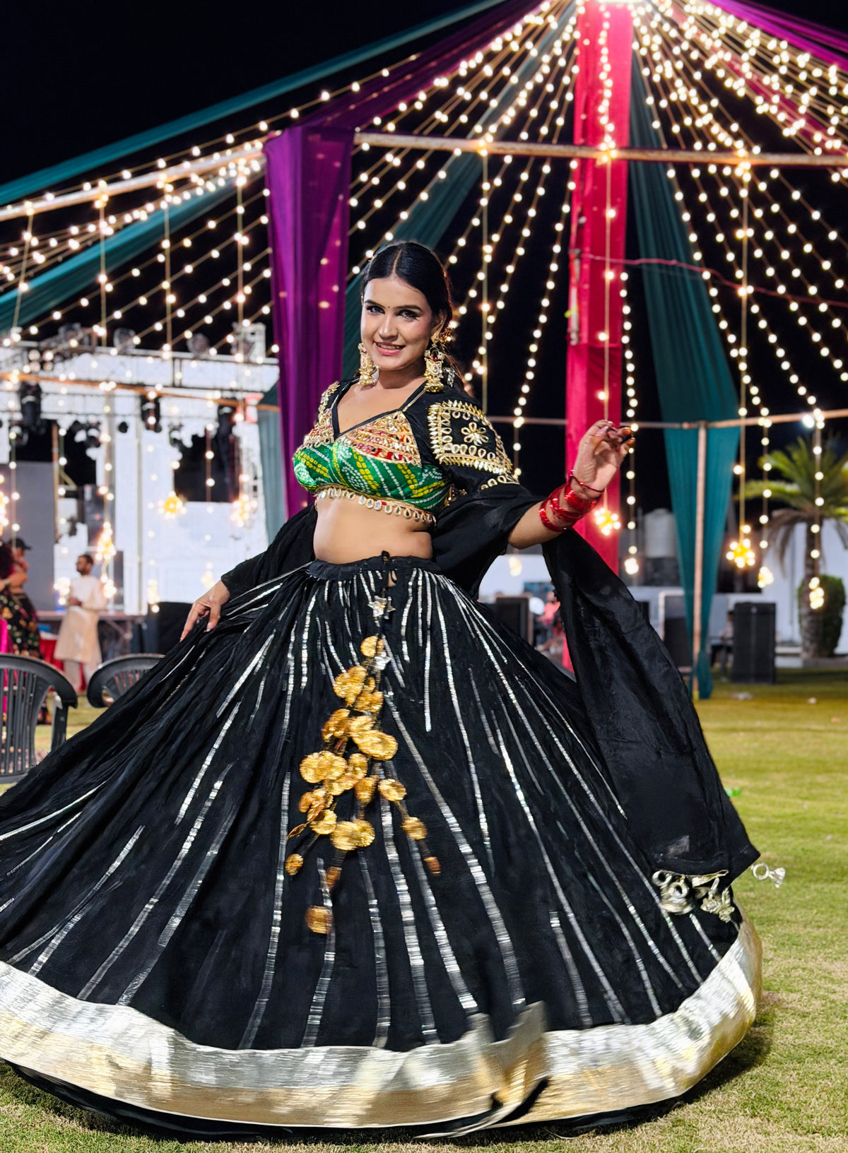 Traditional Multicolor Bandhani Gujarati Aangi Lehenga Set With Gota Work & Dupatta (PRE-BOOKING ITEM)