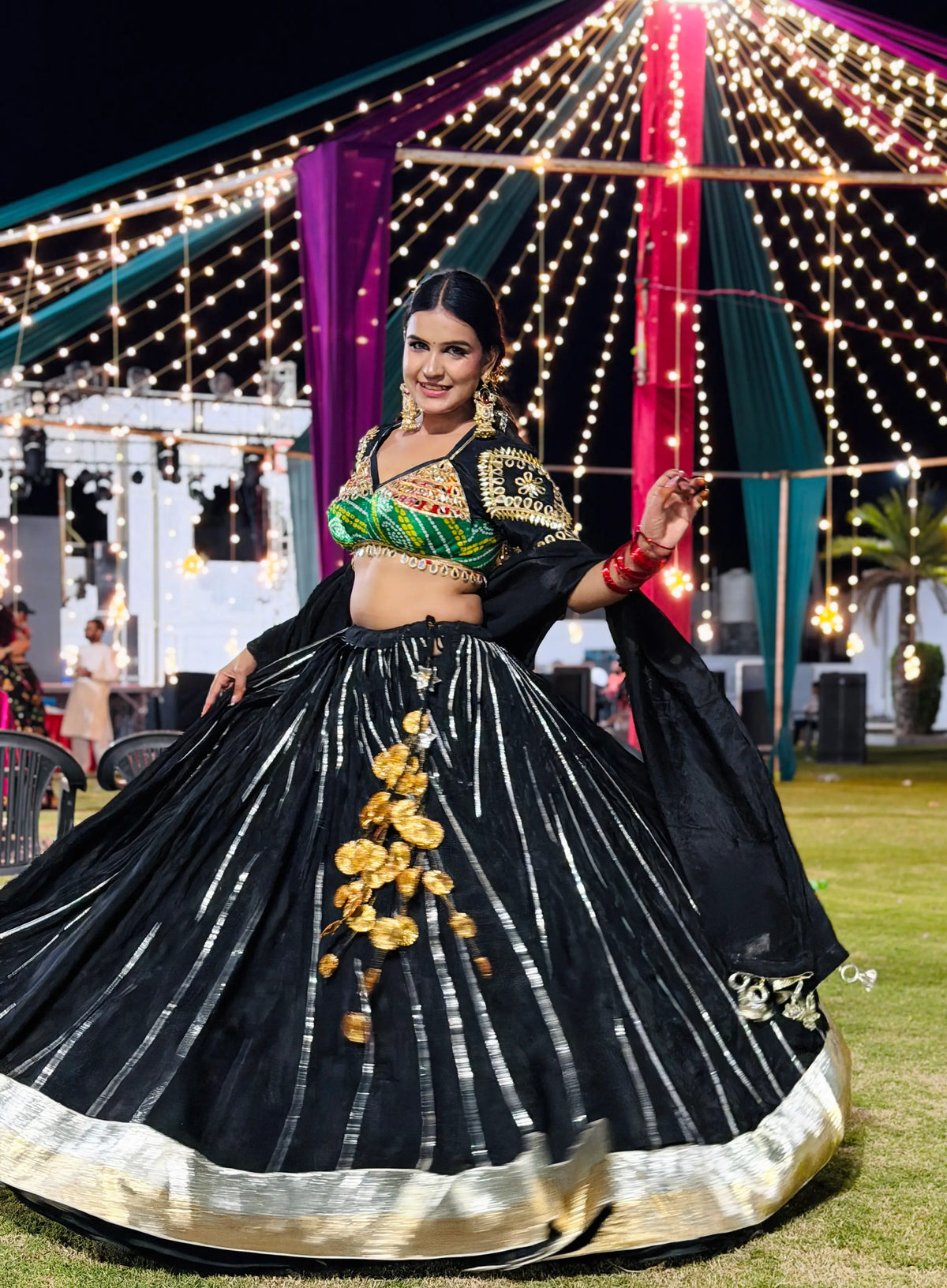 Traditional Multicolor Bandhani Gujarati Aangi Lehenga Set With Gota Work & Dupatta (PRE-BOOKING ITEM)