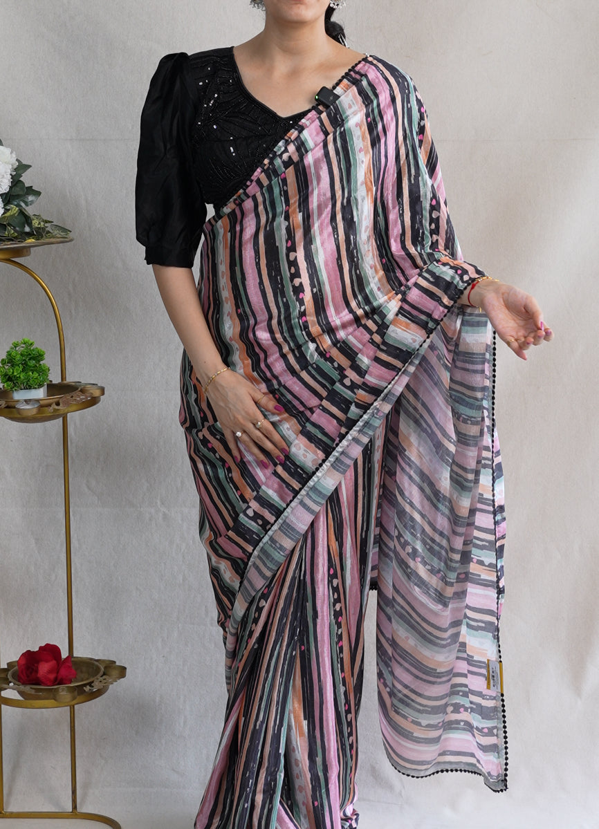 ROYAL CHINON FABRIC SAREE WITH HEAVY BEADS AND SEQUENCE WORK  (WITH STITCH BLOUSE)   ##SR0326