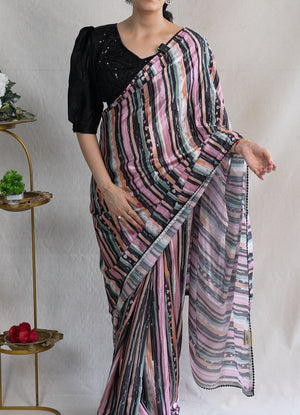 ROYAL CHINON FABRIC SAREE WITH HEAVY BEADS AND SEQUENCE WORK  (WITH STITCH BLOUSE)   ##SR0326