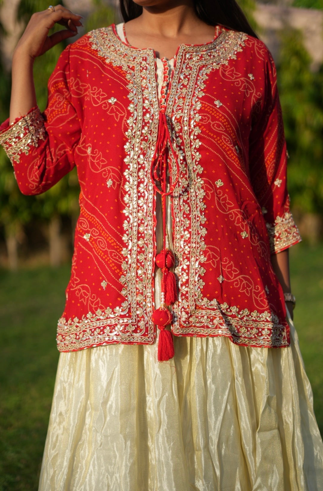 Bandhani Print Jacket Lehenga with Heavy Gota Patti Work