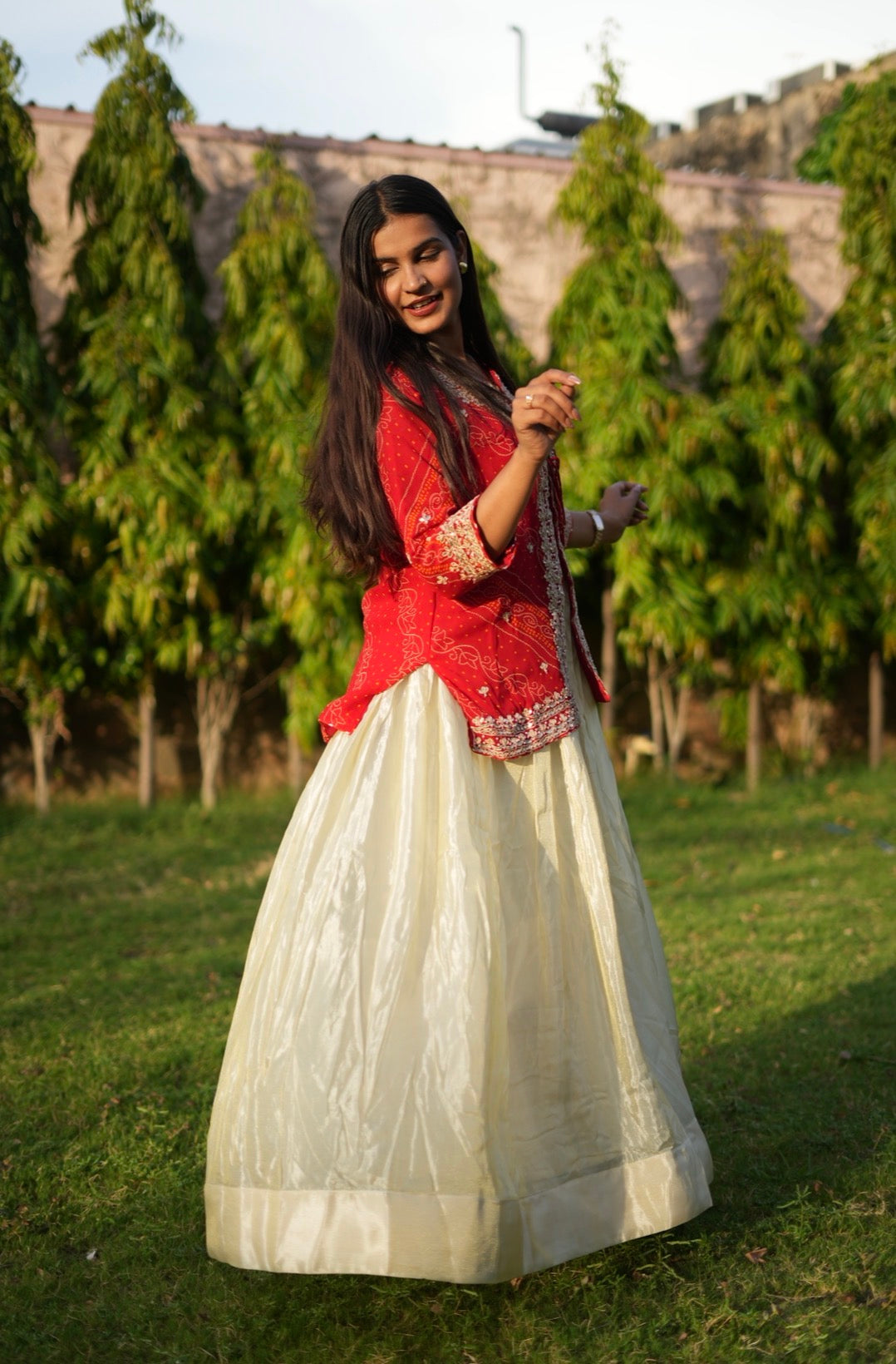 Bandhani Print Jacket Lehenga with Heavy Gota Patti Work