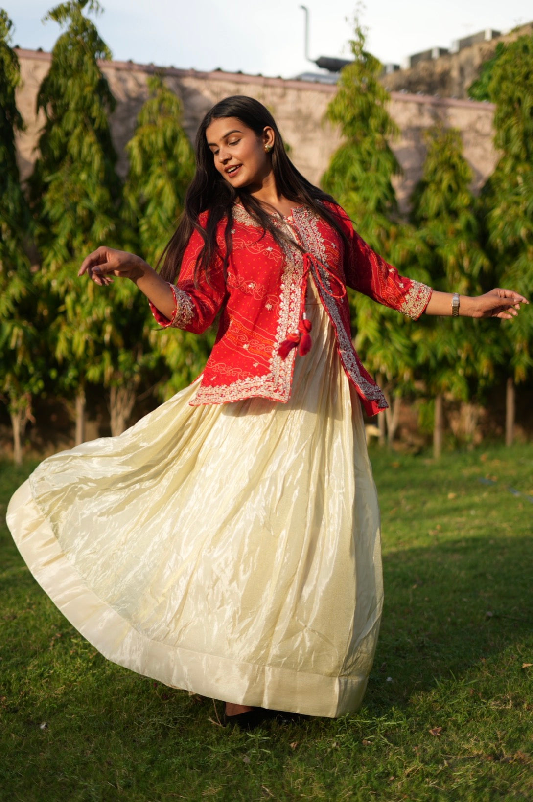 Bandhani Print Jacket Lehenga with Heavy Gota Patti Work