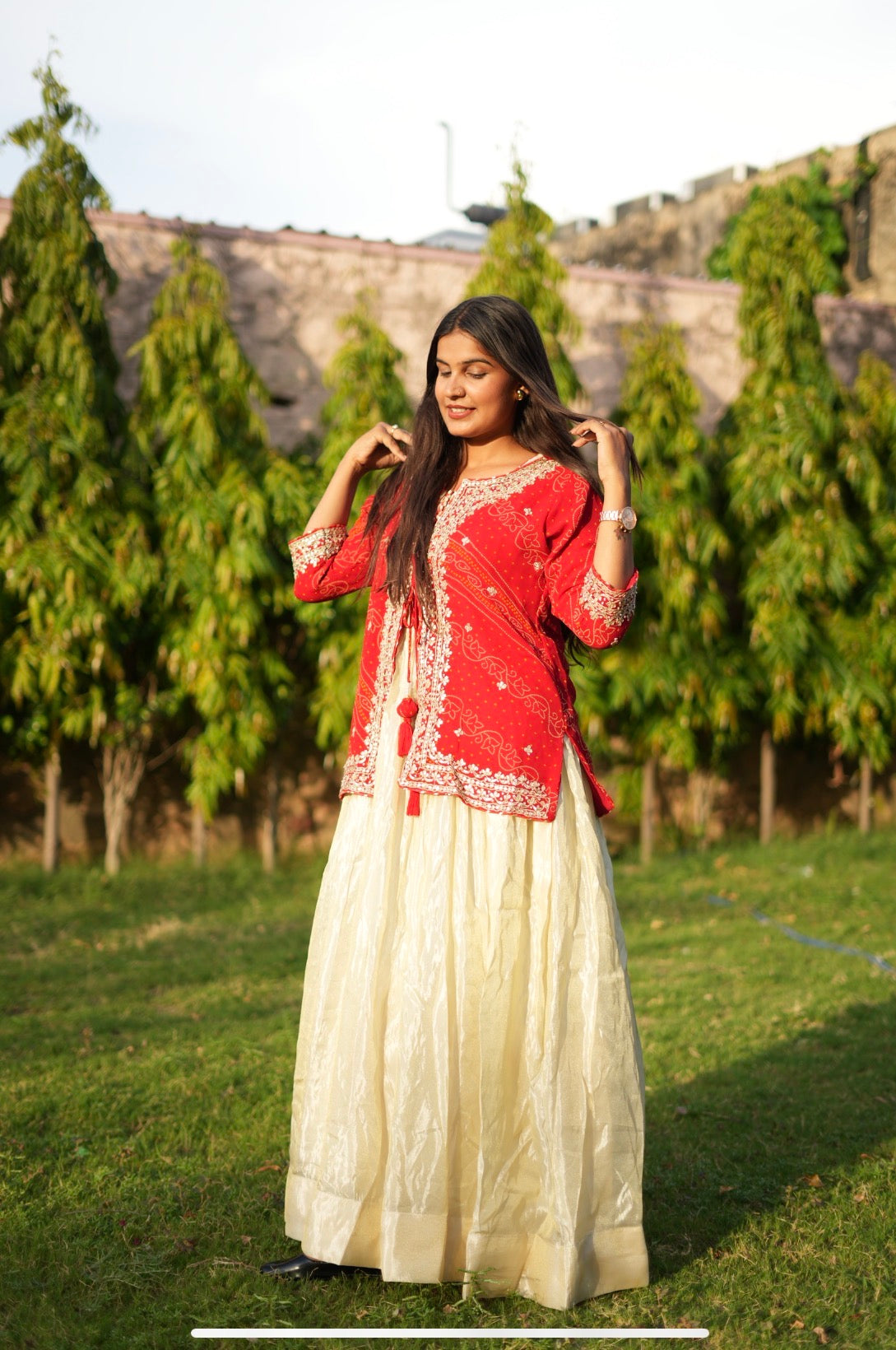 Bandhani Print Jacket Lehenga with Heavy Gota Patti Work