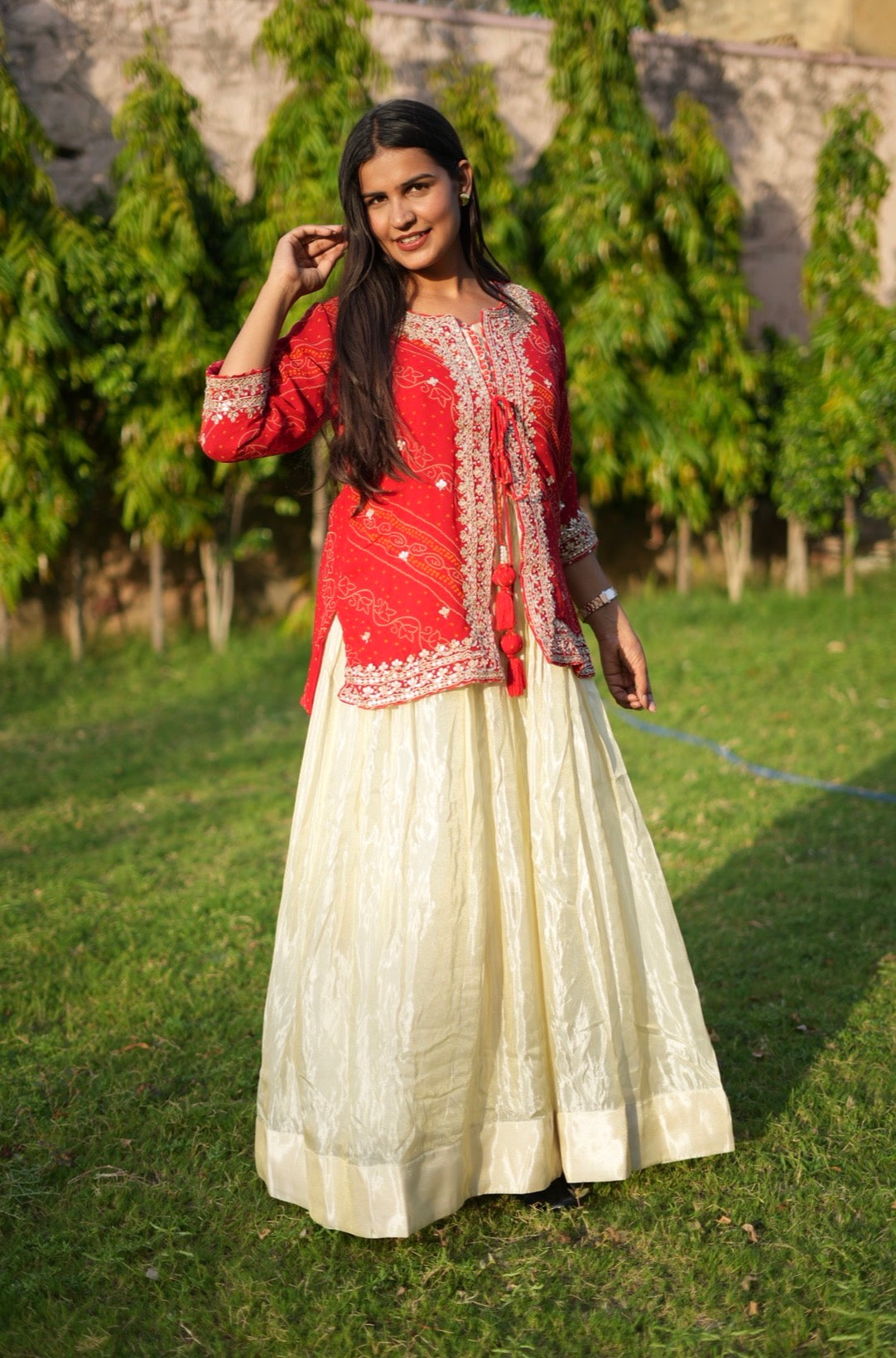 Bandhani Print Jacket Lehenga with Heavy Gota Patti Work